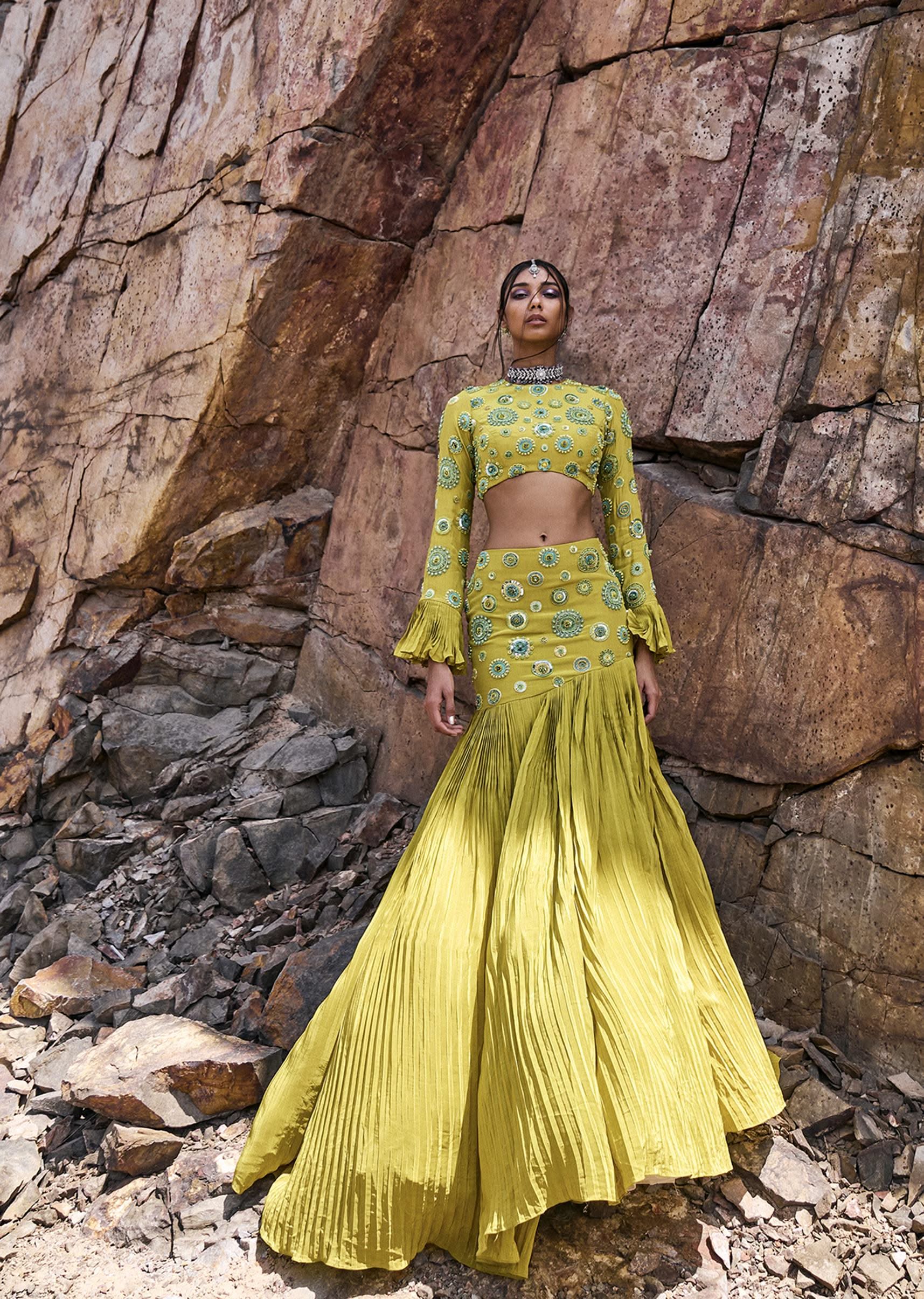 Lime Green High Neck Blouse With Pleated Skirt