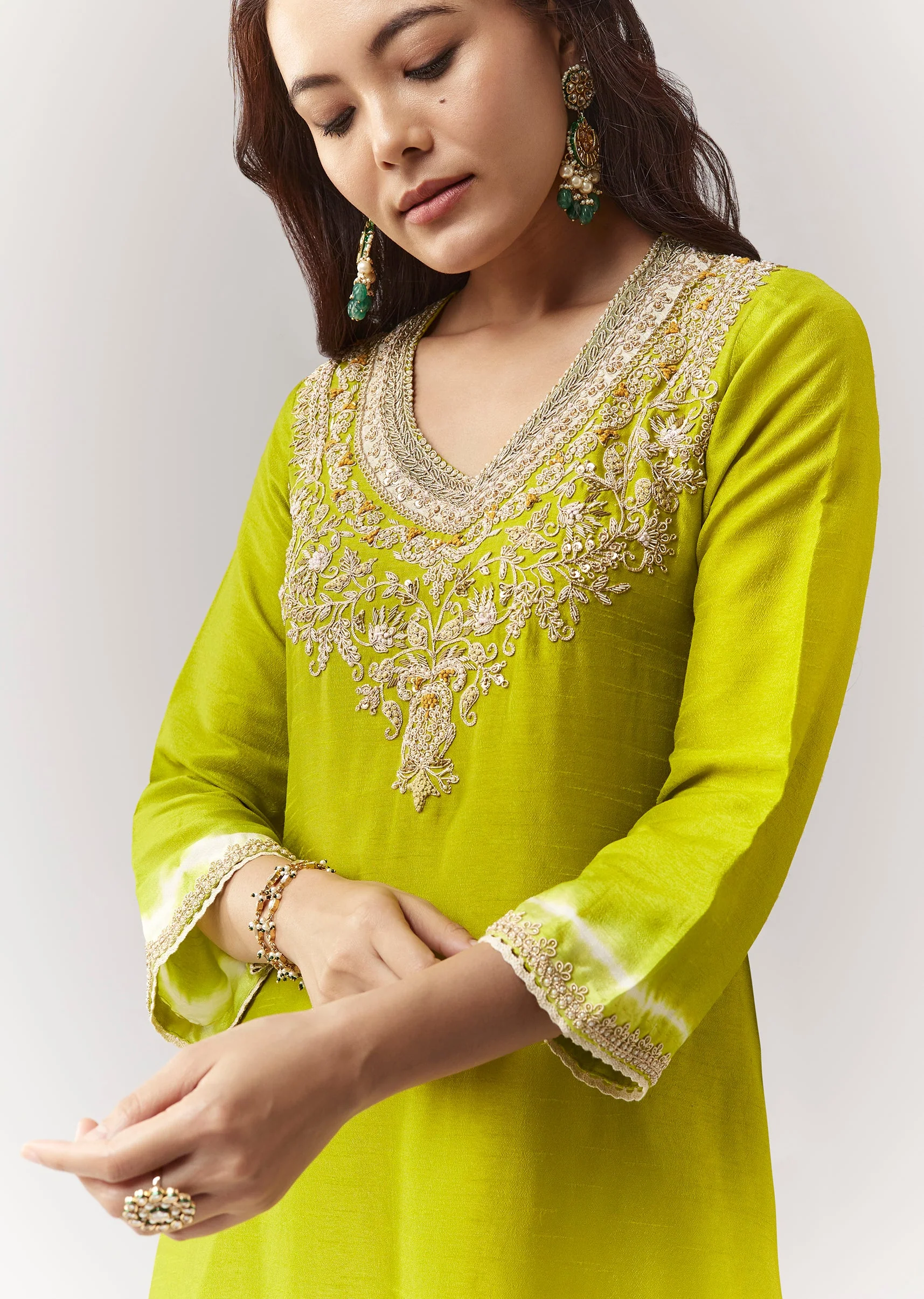 Lime Green Leheriya A Line Kurta Palazzo Set With Zardosi And Moti Work - Image 2