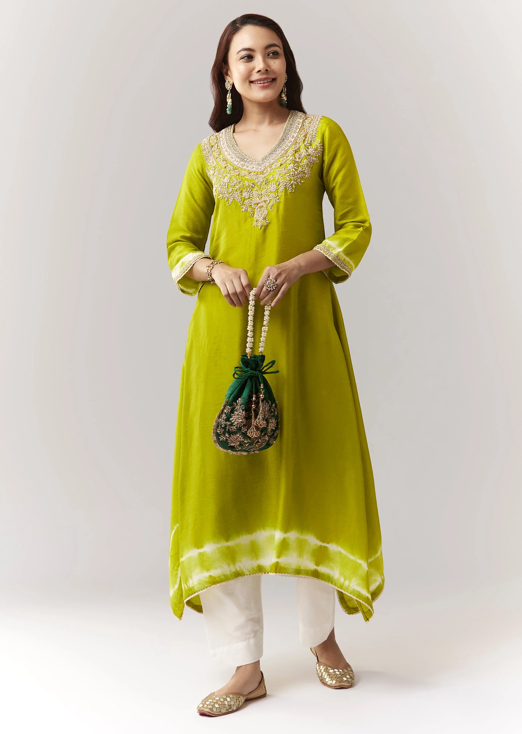 Lime Green Leheriya A Line Kurta Palazzo Set With Zardosi And Moti Work - Image 3