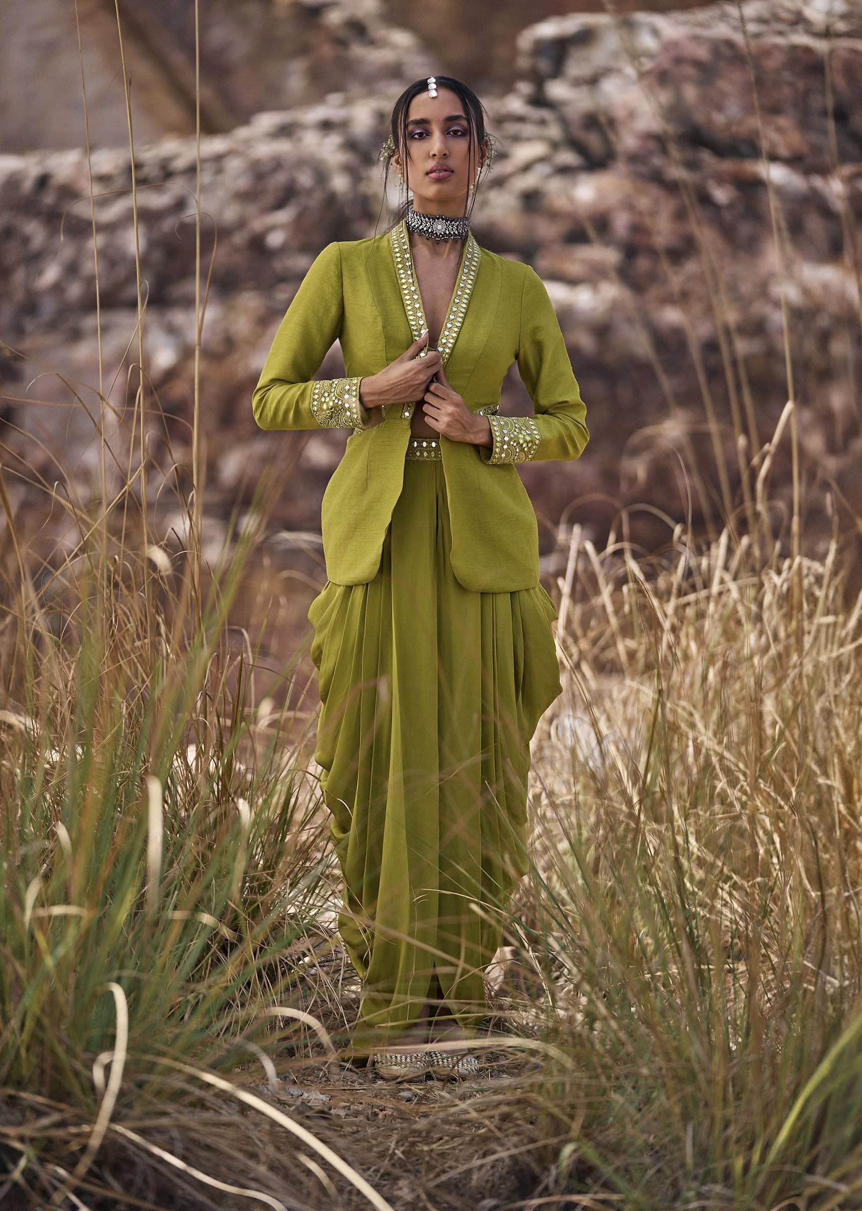 Lime Green Mirror Bustier With Jacket And Draped Skirt - Image 2