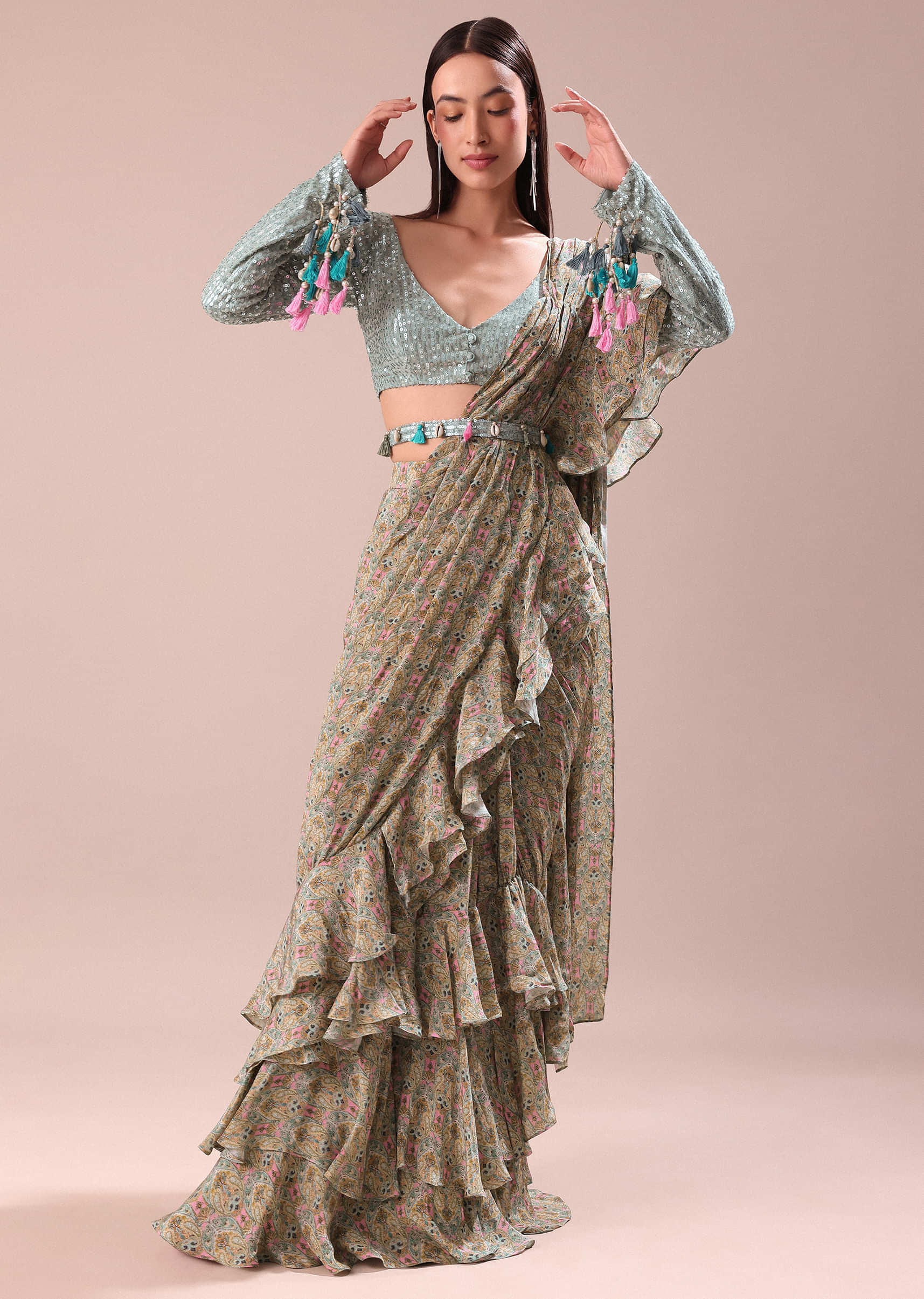 Lime Green Printed Frill Saree With Embroidered Blouse - Image 2