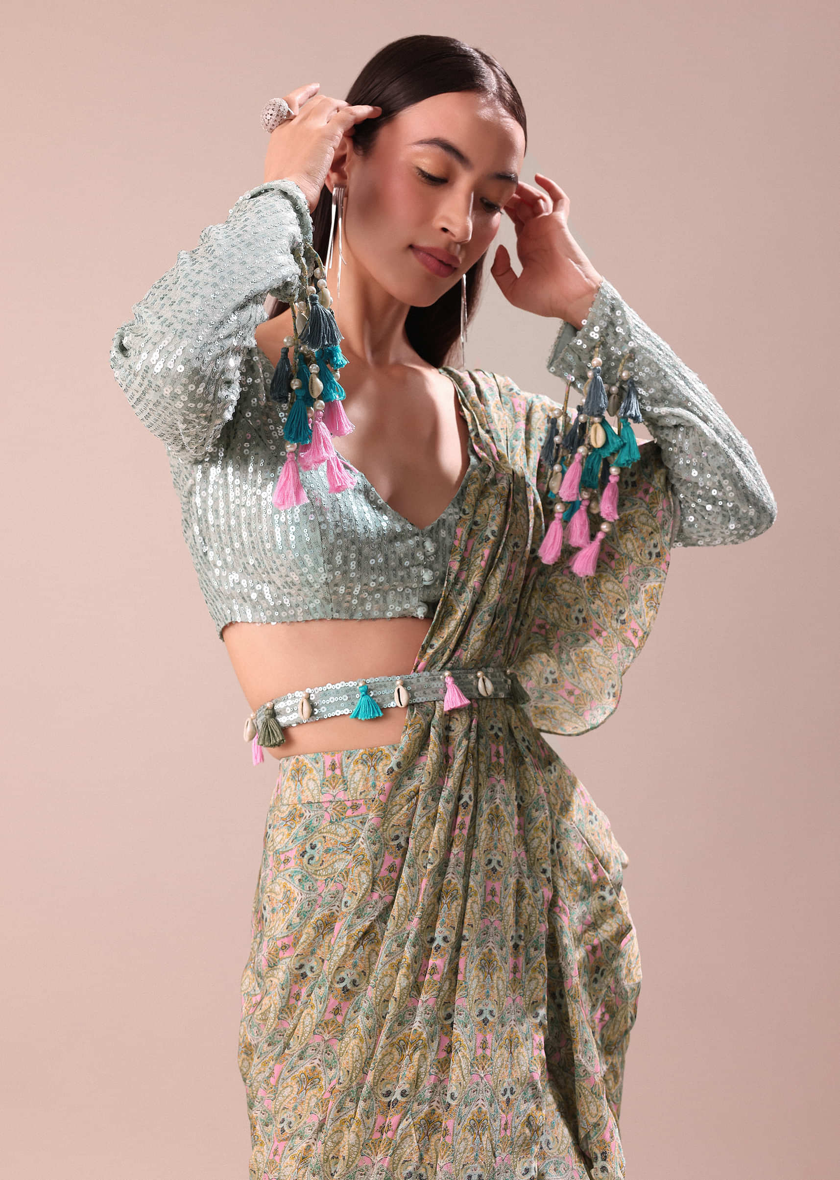 Lime Green Printed Frill Saree With Embroidered Blouse - Image 3