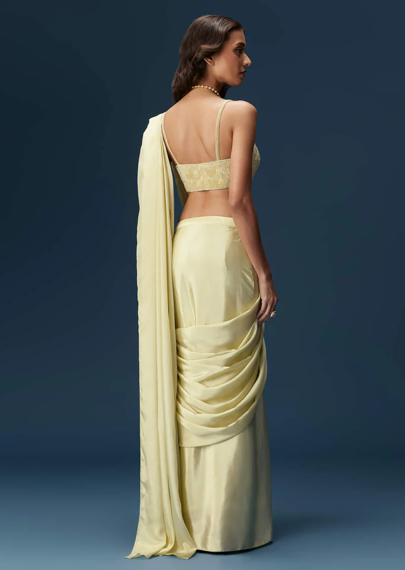 Lime Green Ready Pleated Saree With Belt And Blouse - Image 2