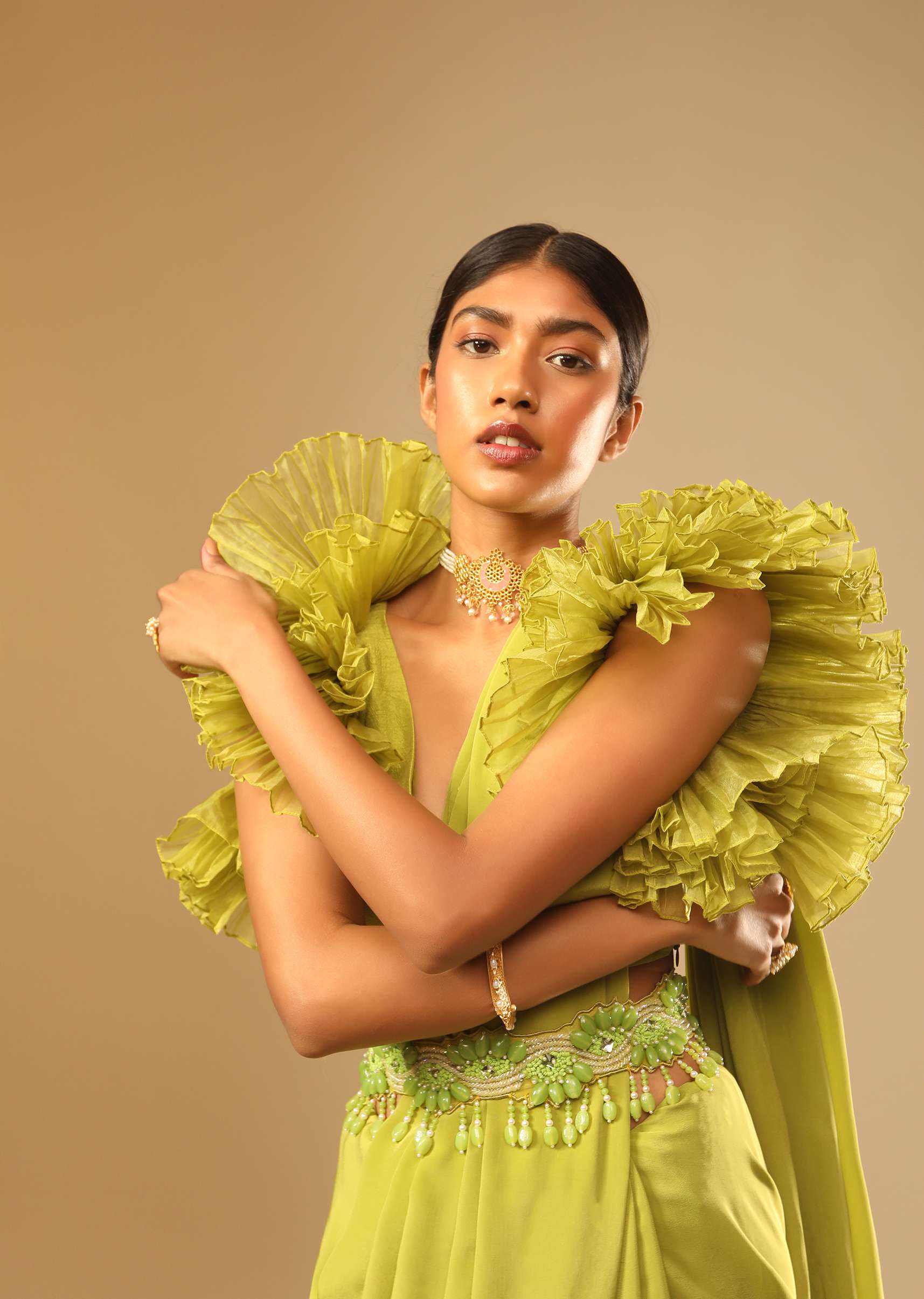 Lime Green Saree In Crepe With Elaborate Ruffle Sleeved Crop Top And Heavy Stone Embroidered Belt - Image 3