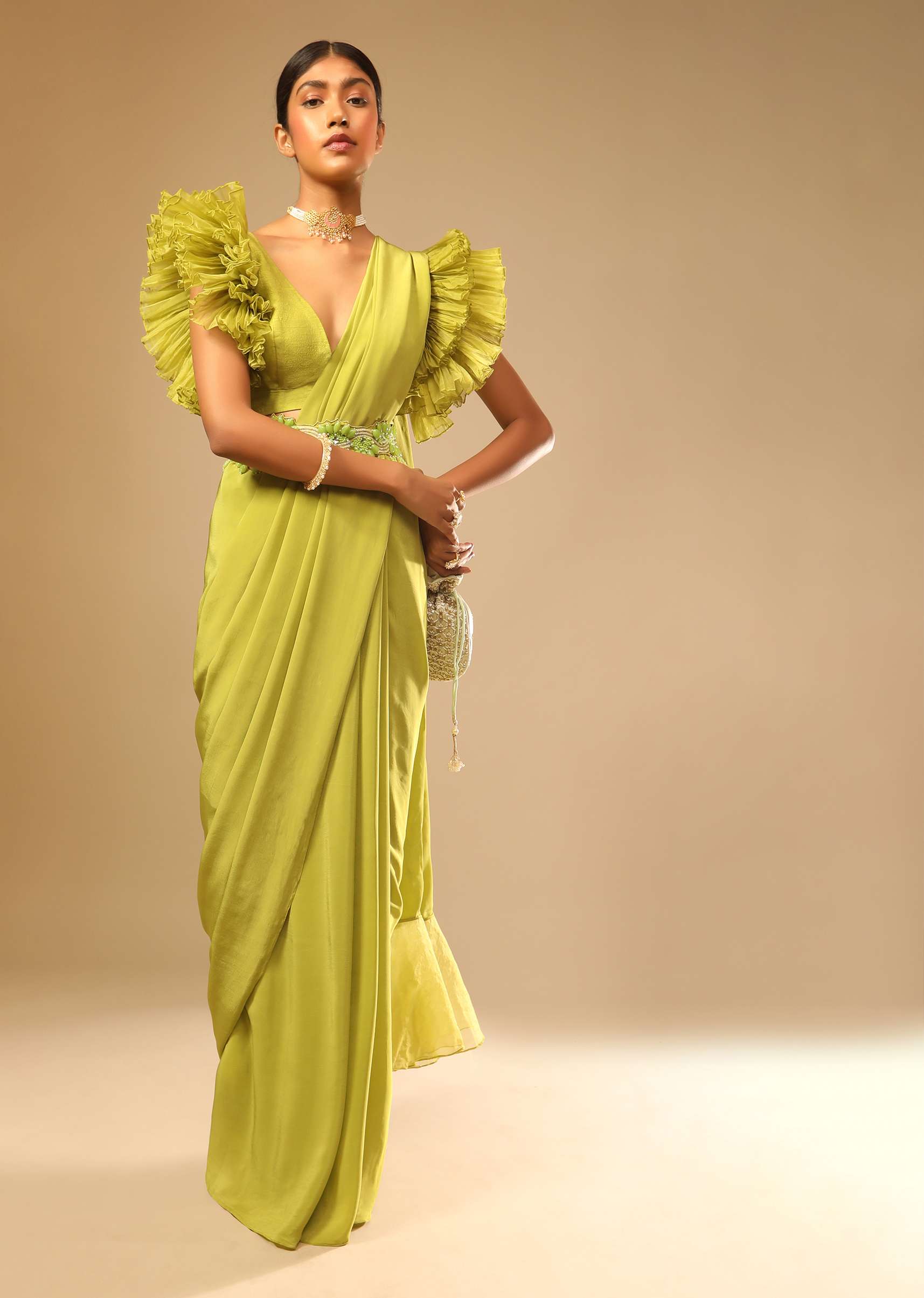 Lime Green Saree In Crepe With Elaborate Ruffle Sleeved Crop Top And Heavy Stone Embroidered Belt - Image 4
