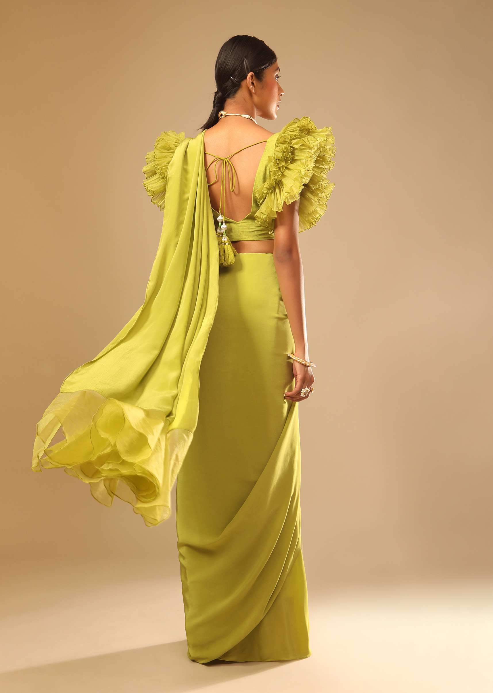 Lime Green Saree In Crepe With Elaborate Ruffle Sleeved Crop Top And Heavy Stone Embroidered Belt - Image 6