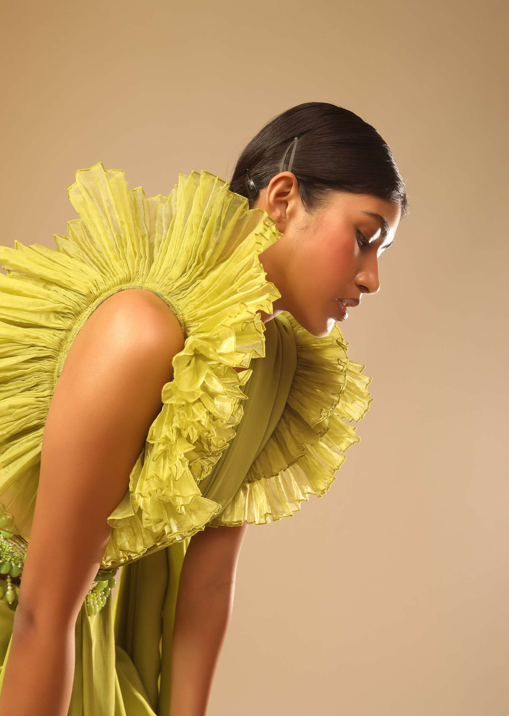 Lime Green Saree In Crepe With Elaborate Ruffle Sleeved Crop Top And Heavy Stone Embroidered Belt - Image 7