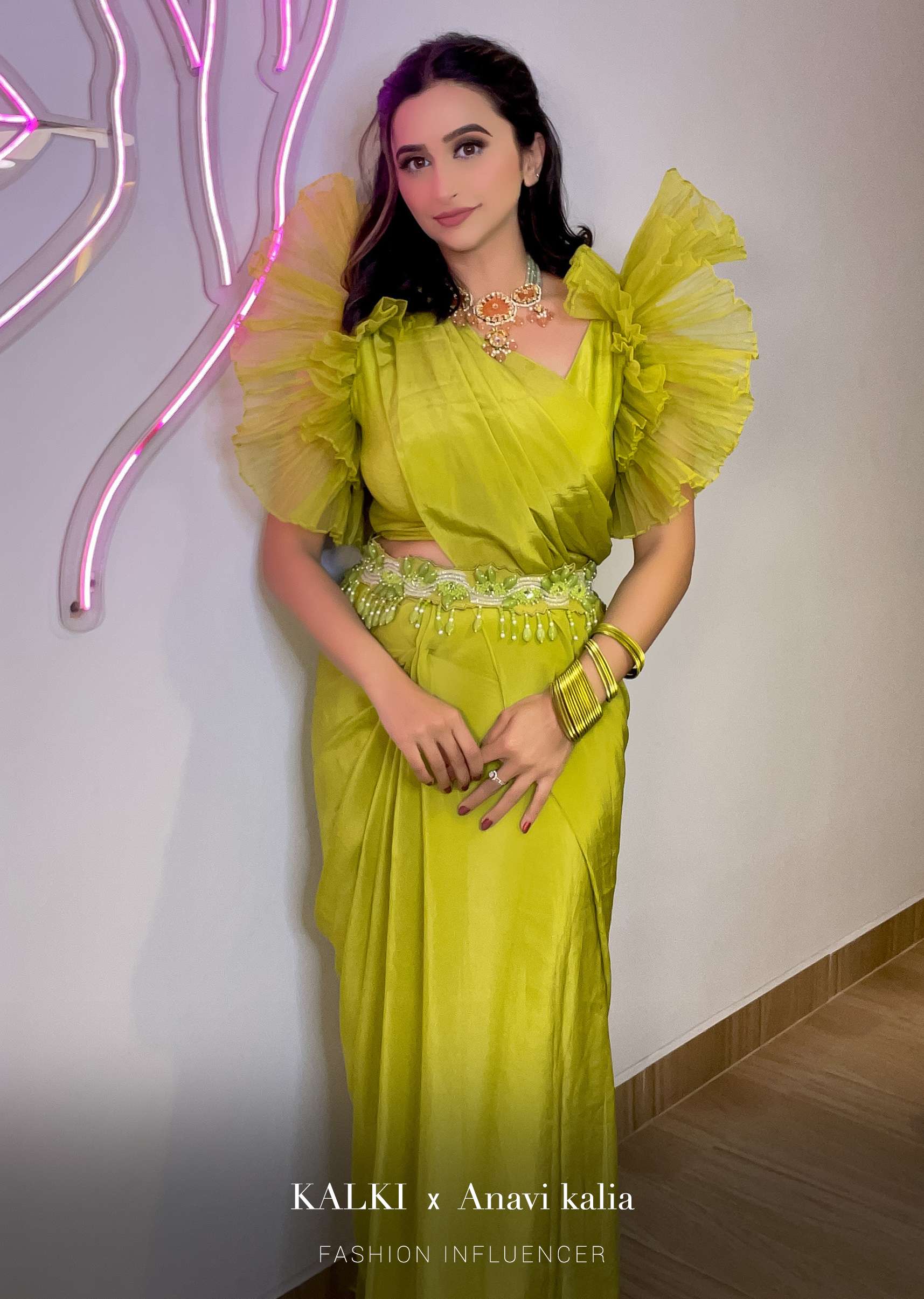 Lime Green Saree In Crepe With Elaborate Ruffle Sleeved Crop Top And Heavy Stone Embroidered Belt - Image 8