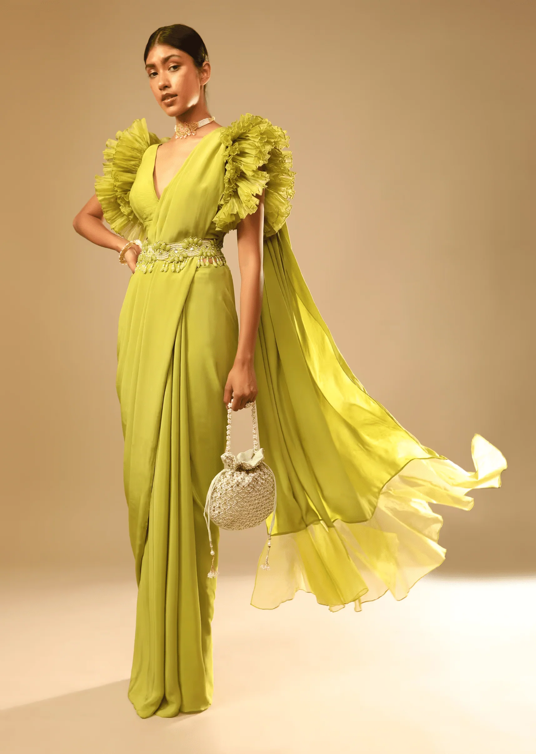 Lime Green Saree In Crepe With Elaborate Ruffle Sleeved Crop Top And Heavy Stone Embroidered Belt - Image 9