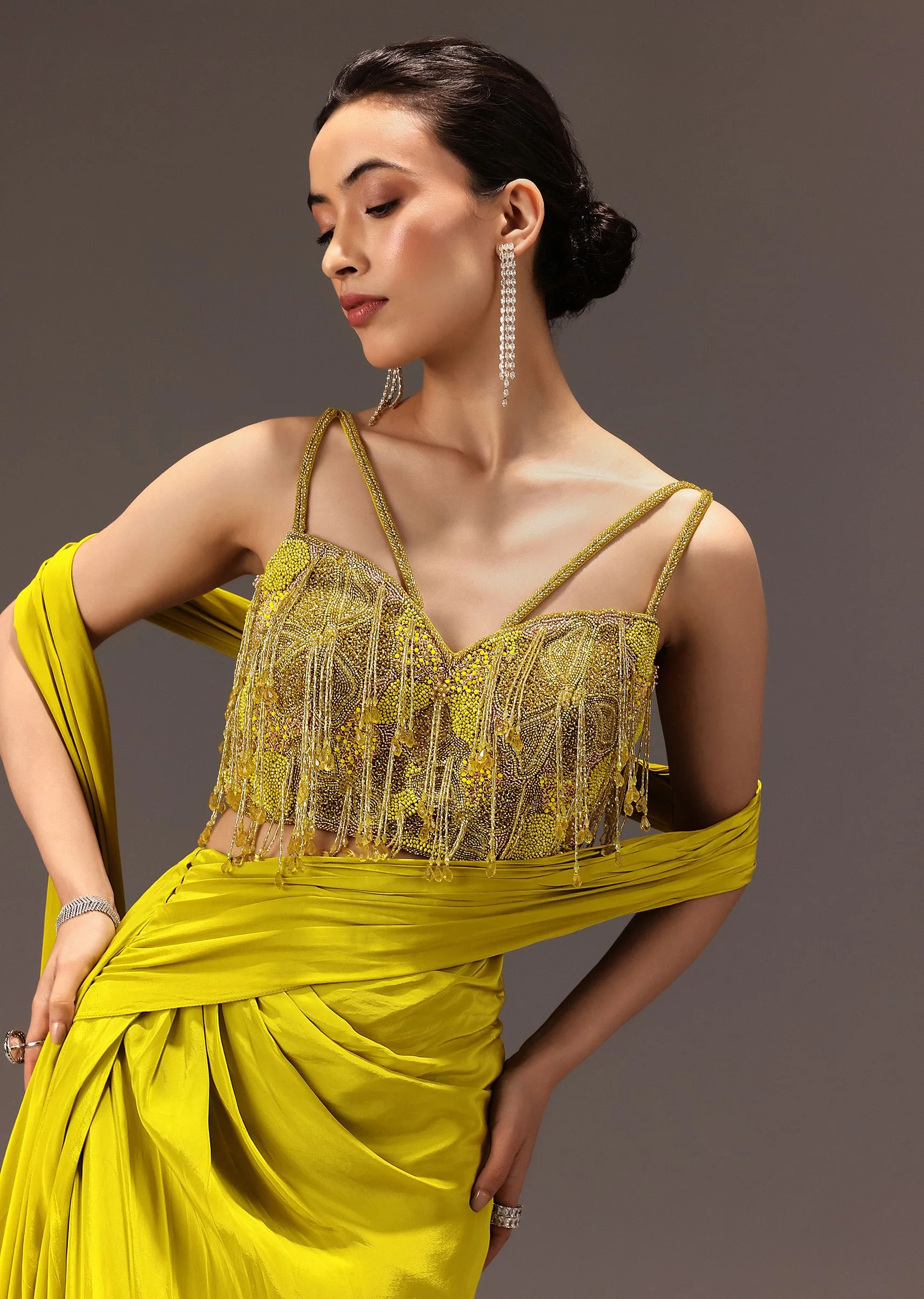 Lime Green Semi Stitched Net Saree With Embroidered Blouse - Image 3