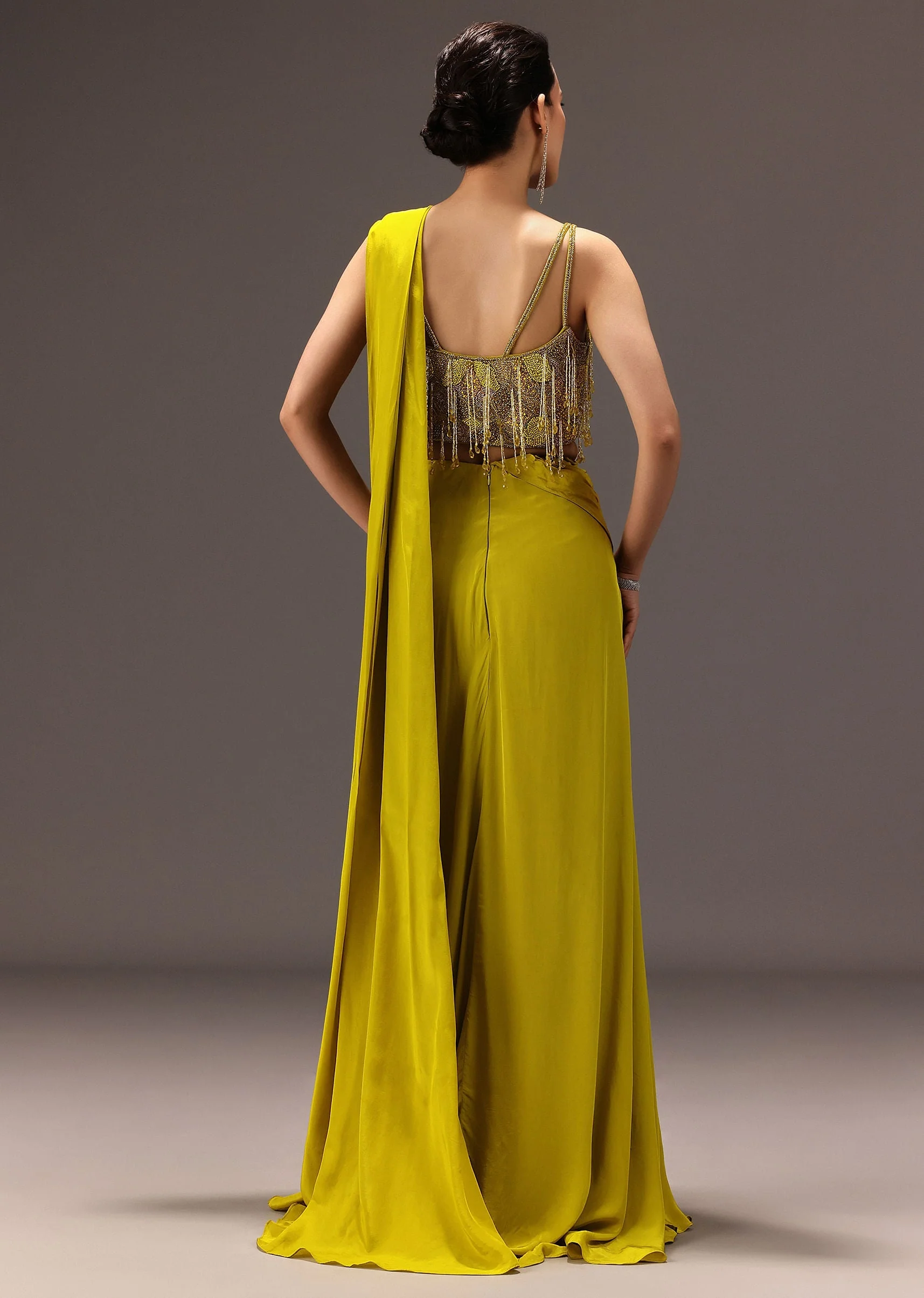 Lime Green Semi Stitched Net Saree With Embroidered Blouse - Image 5