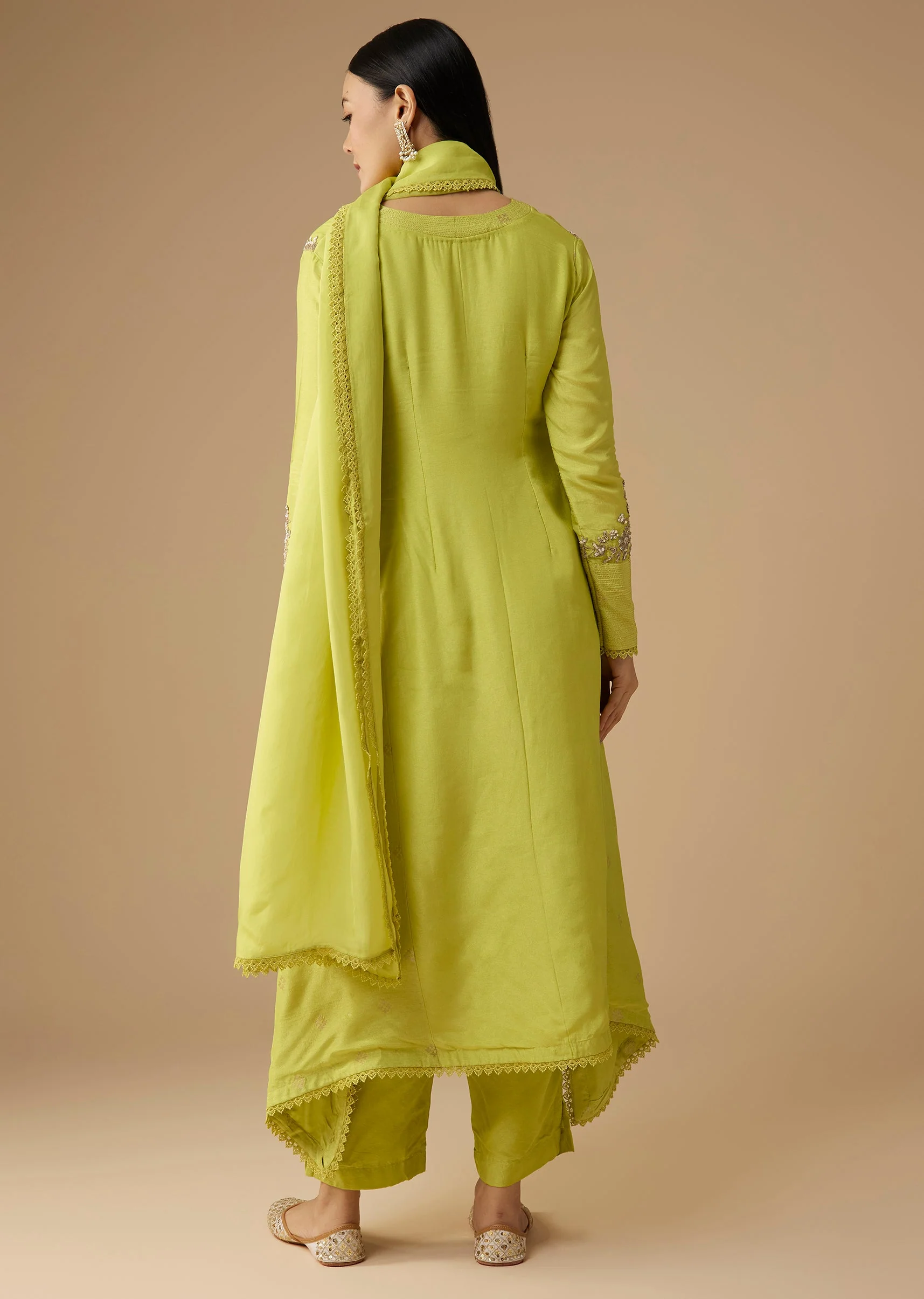 Lime Green Sequin Embellished Silk Anarkali Set - Image 5