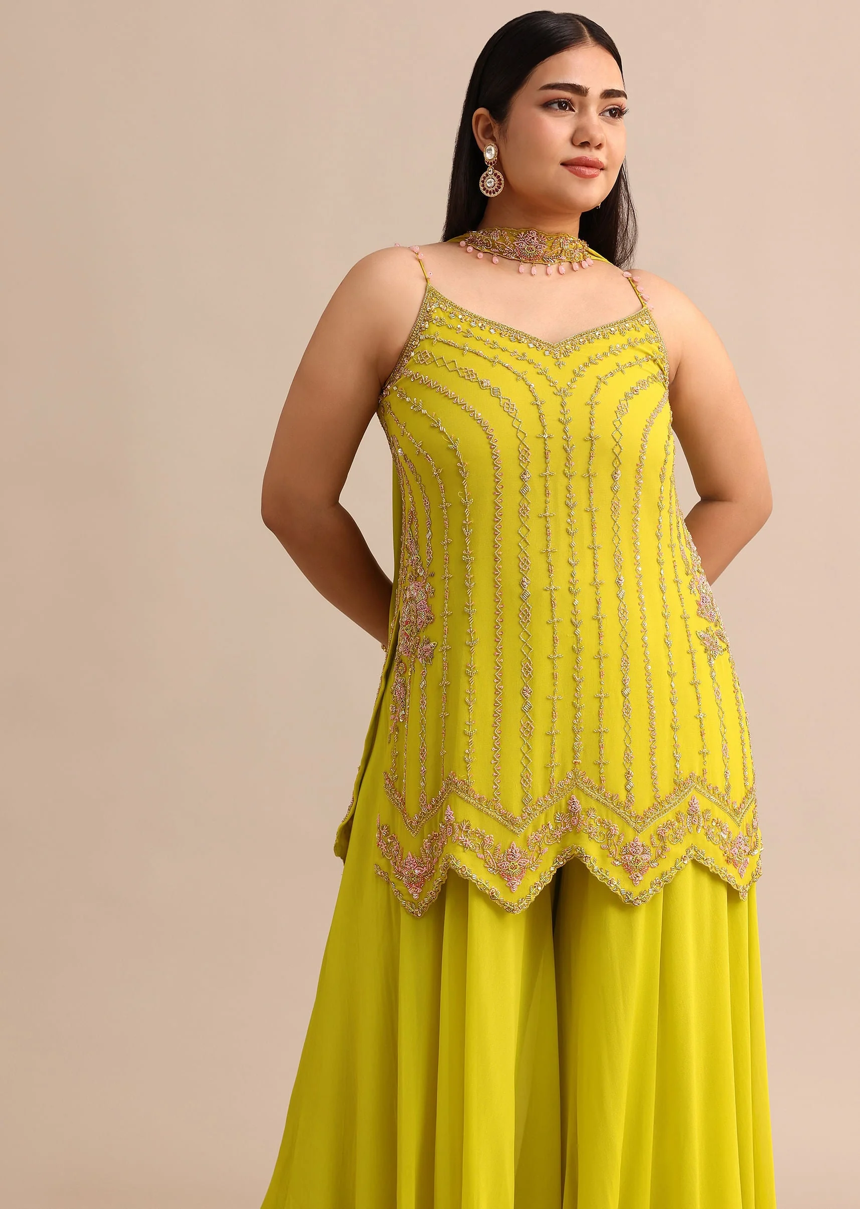 Lime Green Sharara Suit With Choker Dupatta - Image 4
