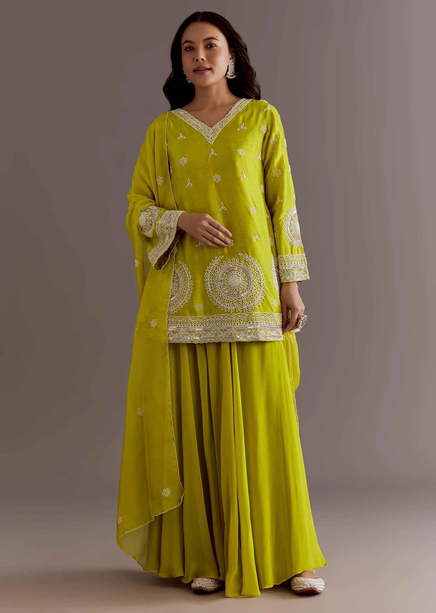 Lime Green Short Kurta Palazzo Suit With Moti Embellished Dupatta - Image 2