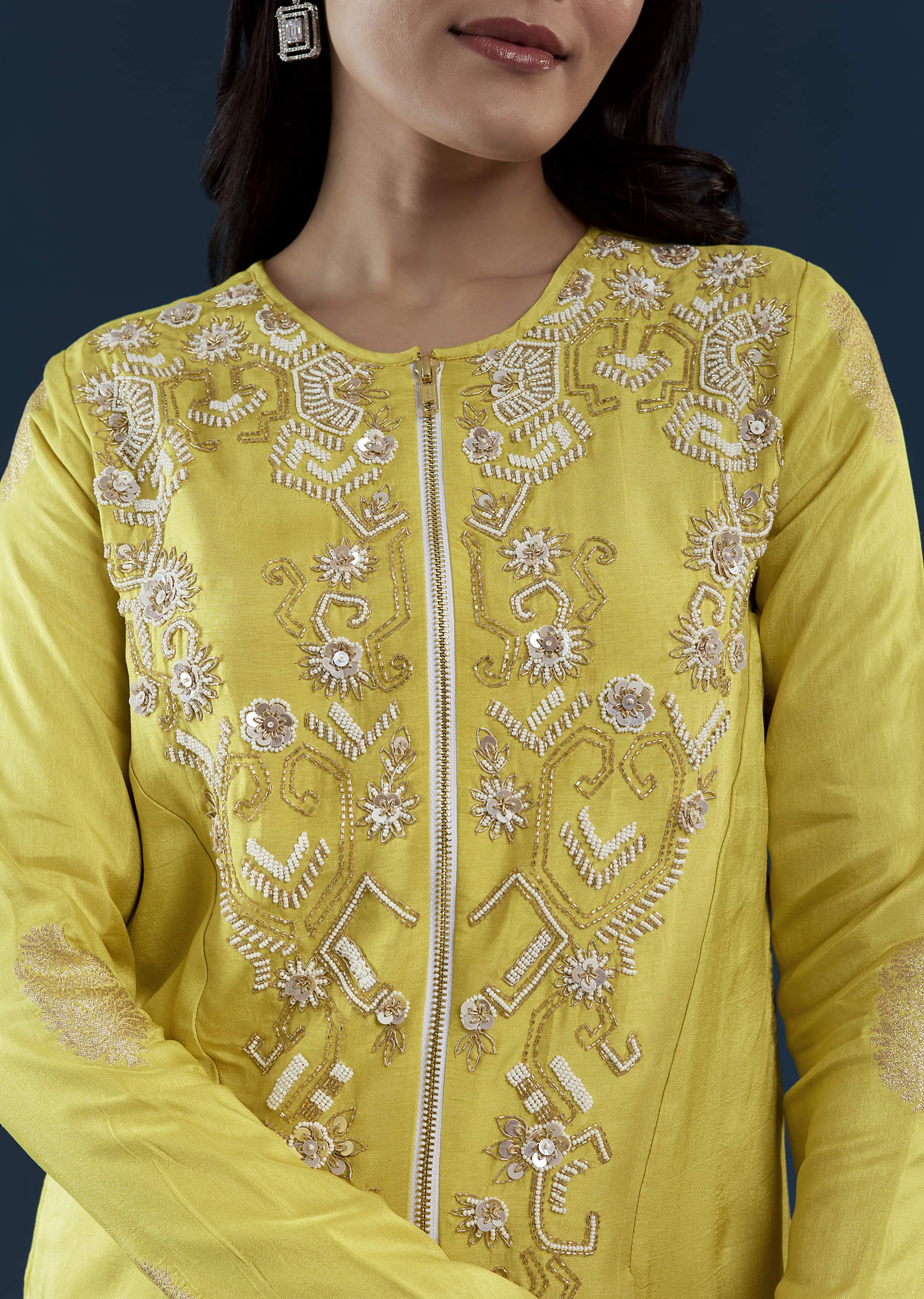 Lime Green Silk Crop Top and Pant Set with Moti Work - Image 2