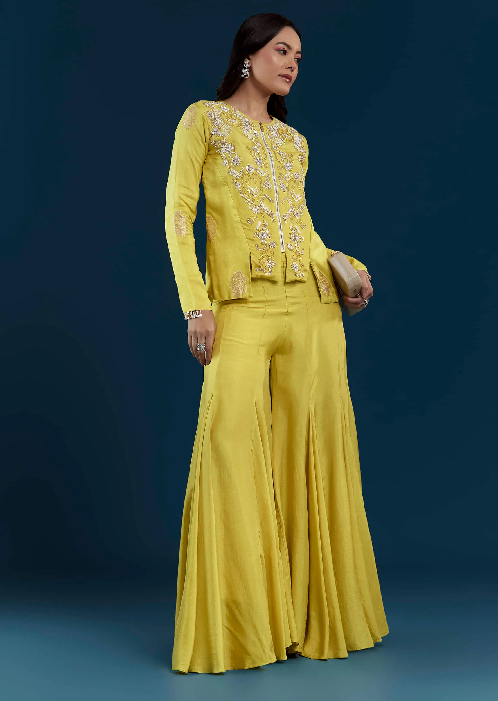 Lime Green Silk Crop Top and Pant Set with Moti Work - Image 3