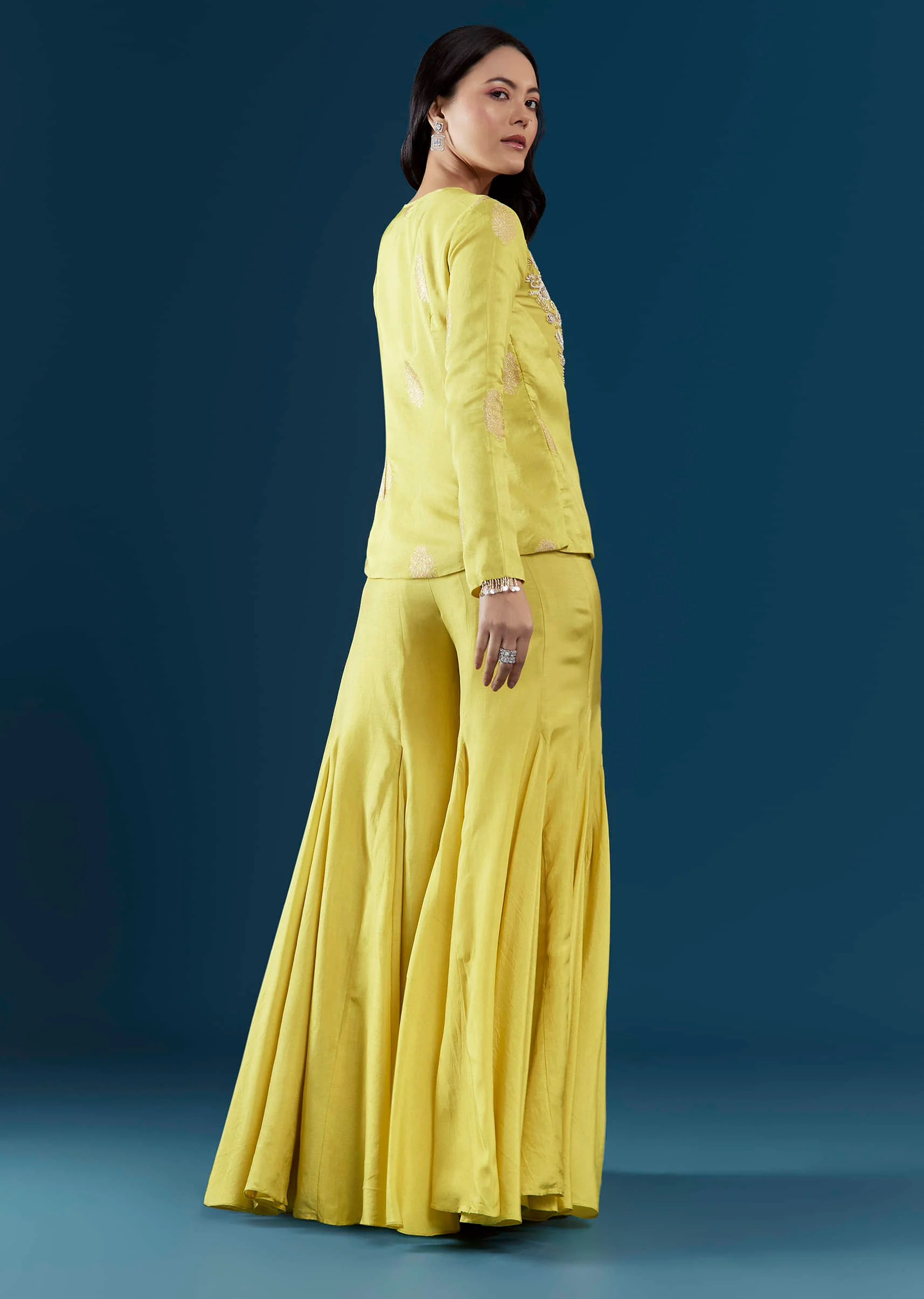 Lime Green Silk Crop Top and Pant Set with Moti Work - Image 5