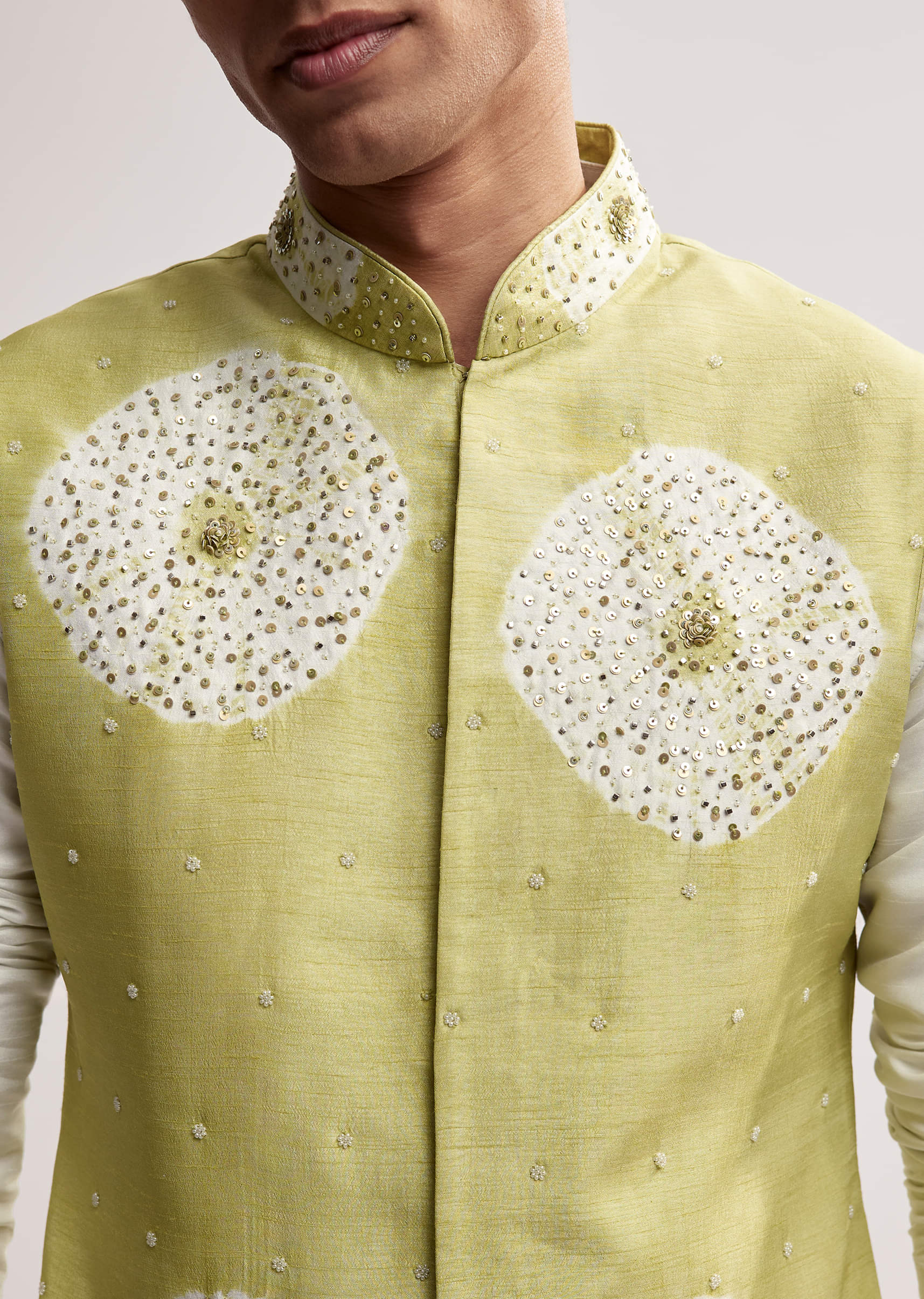 Lime Green Silk Kurta Jacket Set For Men With Hand Embroidery - Image 2