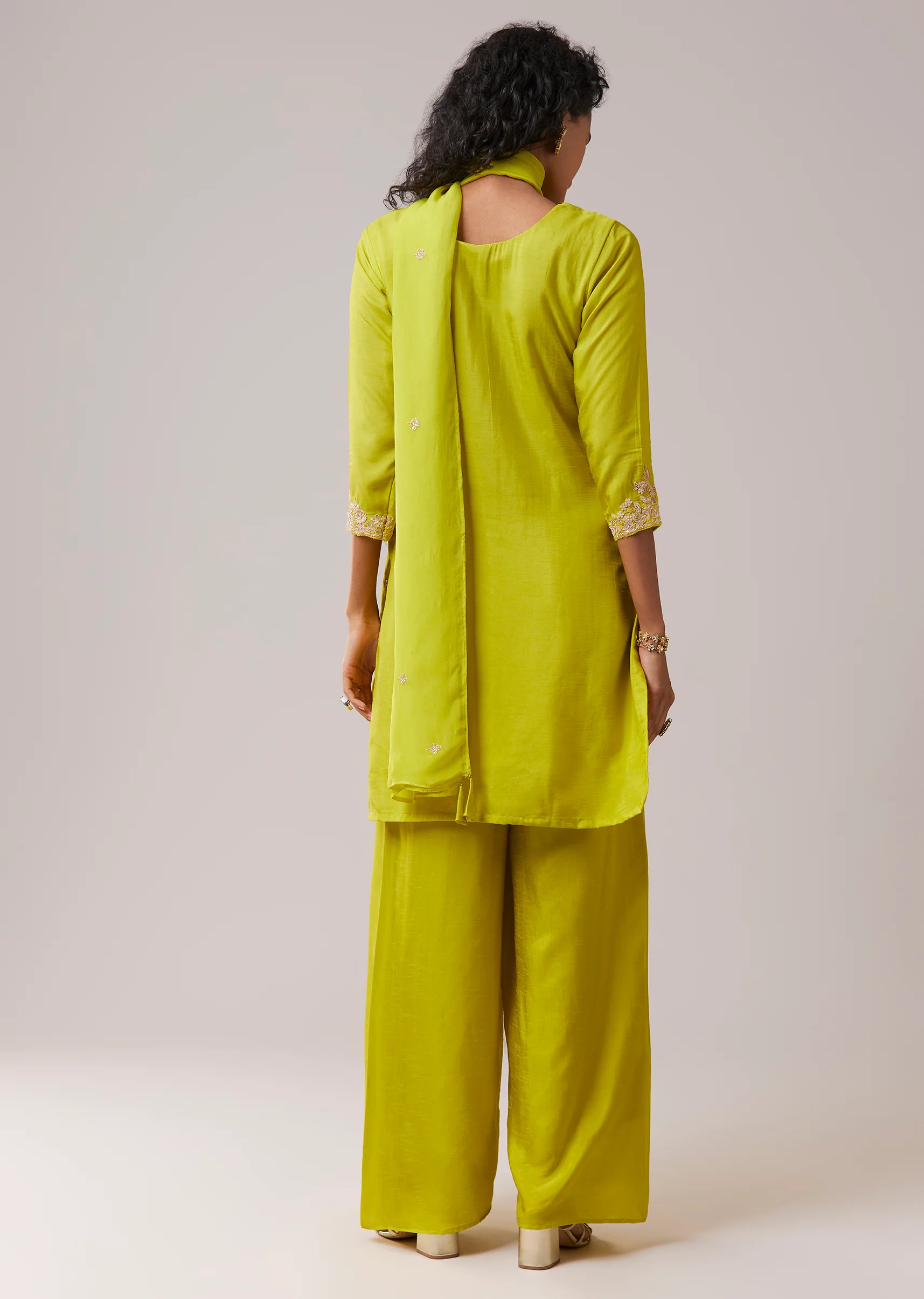 Lime Green Silk Kurta Pant Set with Gota Work - Image 5