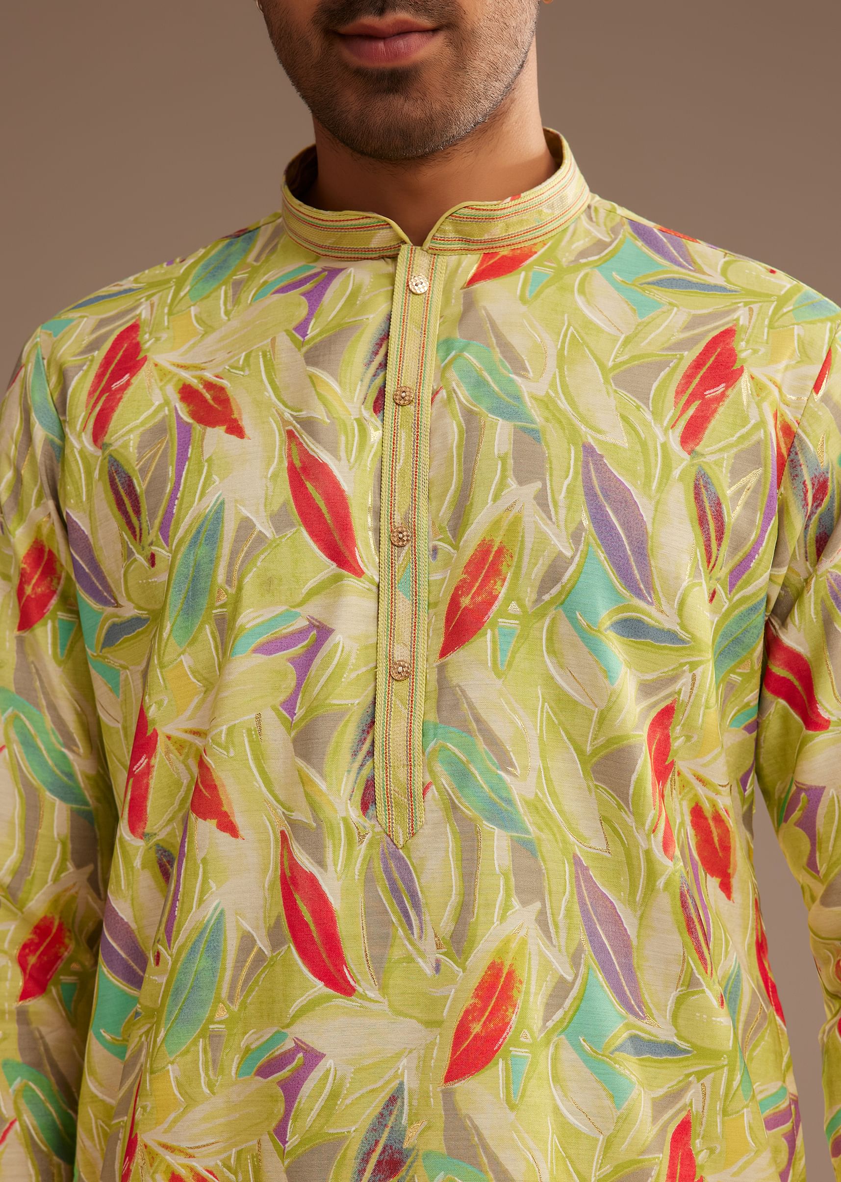 Lime Green Silk Leaf Printed Kurta Set - Image 2