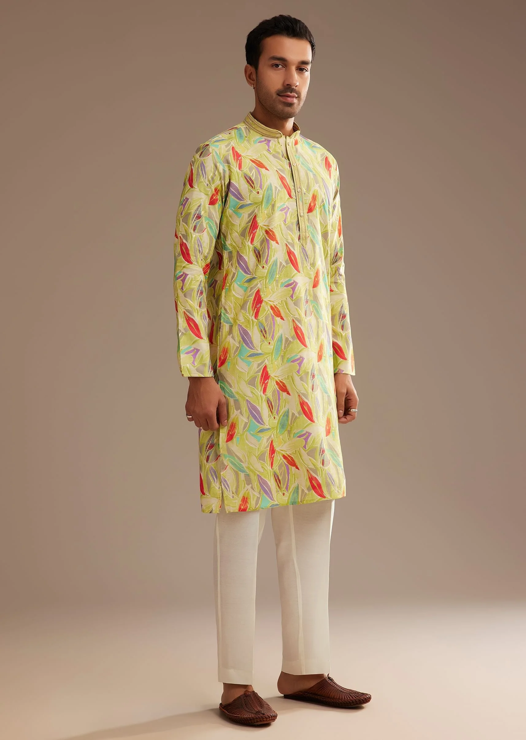 Lime Green Silk Leaf Printed Kurta Set - Image 3