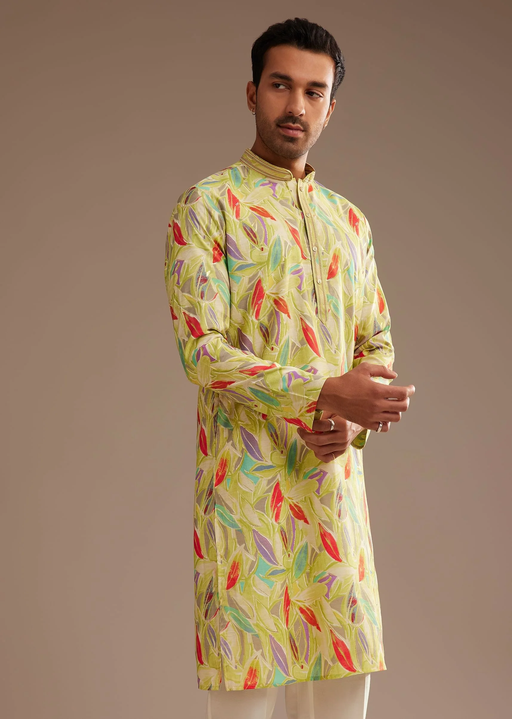 Lime Green Silk Leaf Printed Kurta Set - Image 4