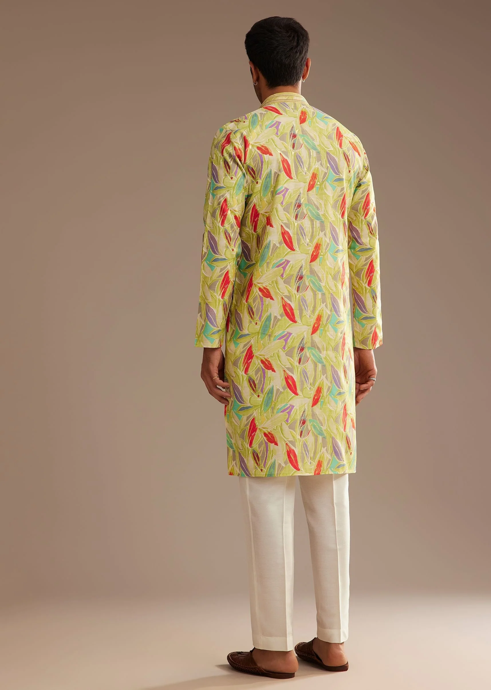 Lime Green Silk Leaf Printed Kurta Set - Image 5