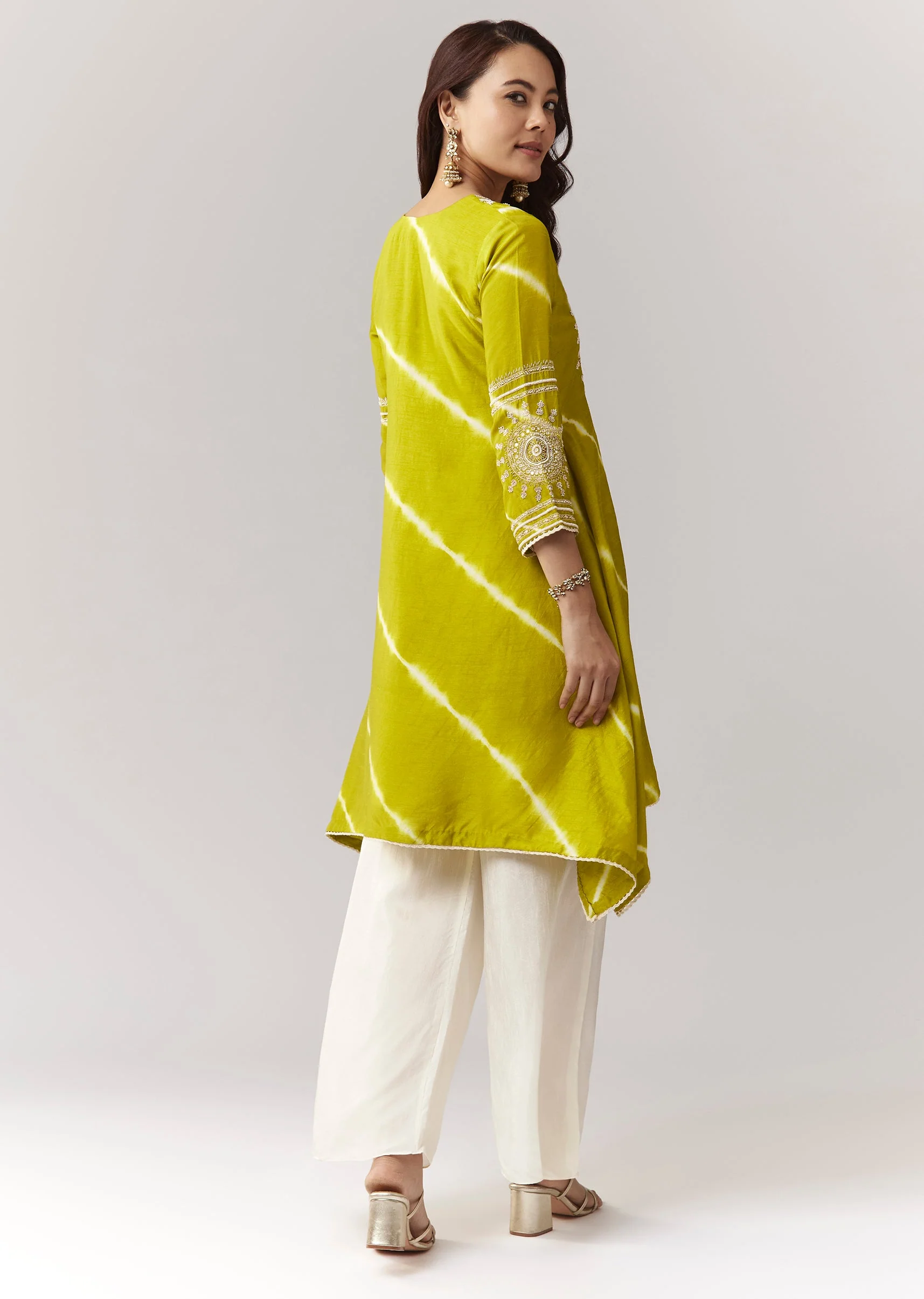 Lime Green Zardosi Kurta Straight Pant Coord With Leheriya Border - Image 5