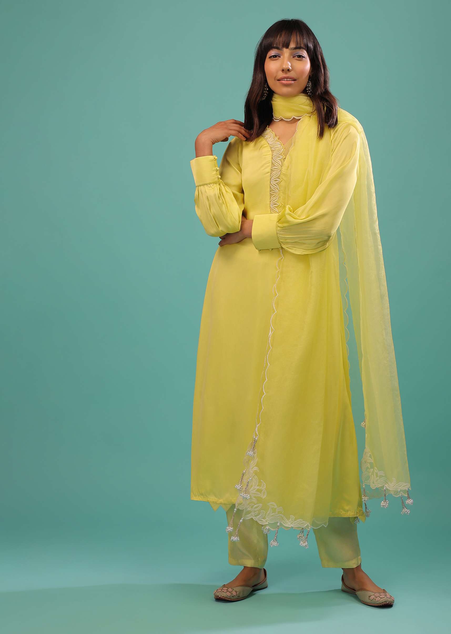 Lime Yellow Bemberg Silk A Line Suit In Organza - Image 3