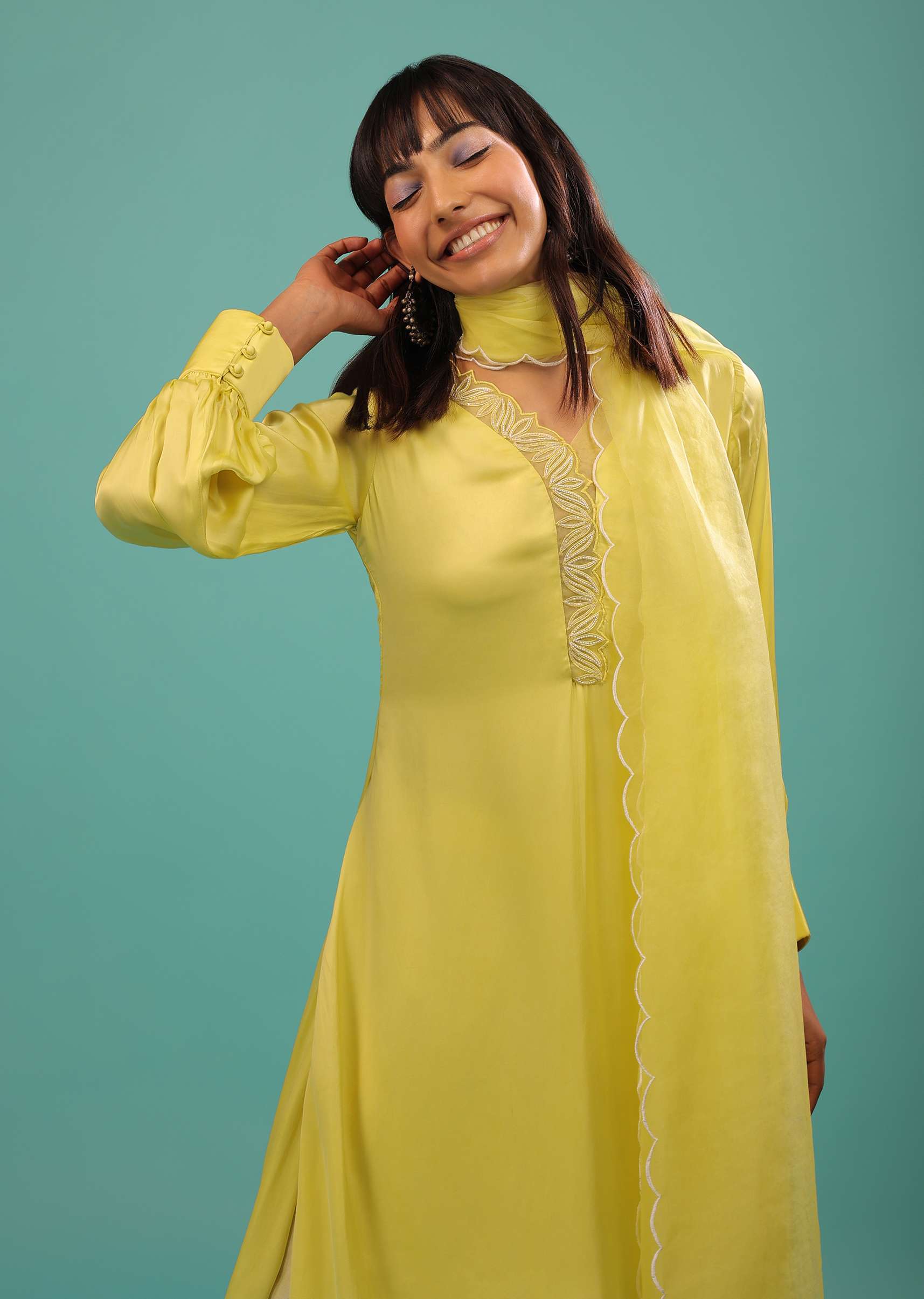 Lime Yellow Bemberg Silk A Line Suit In Organza - Image 4
