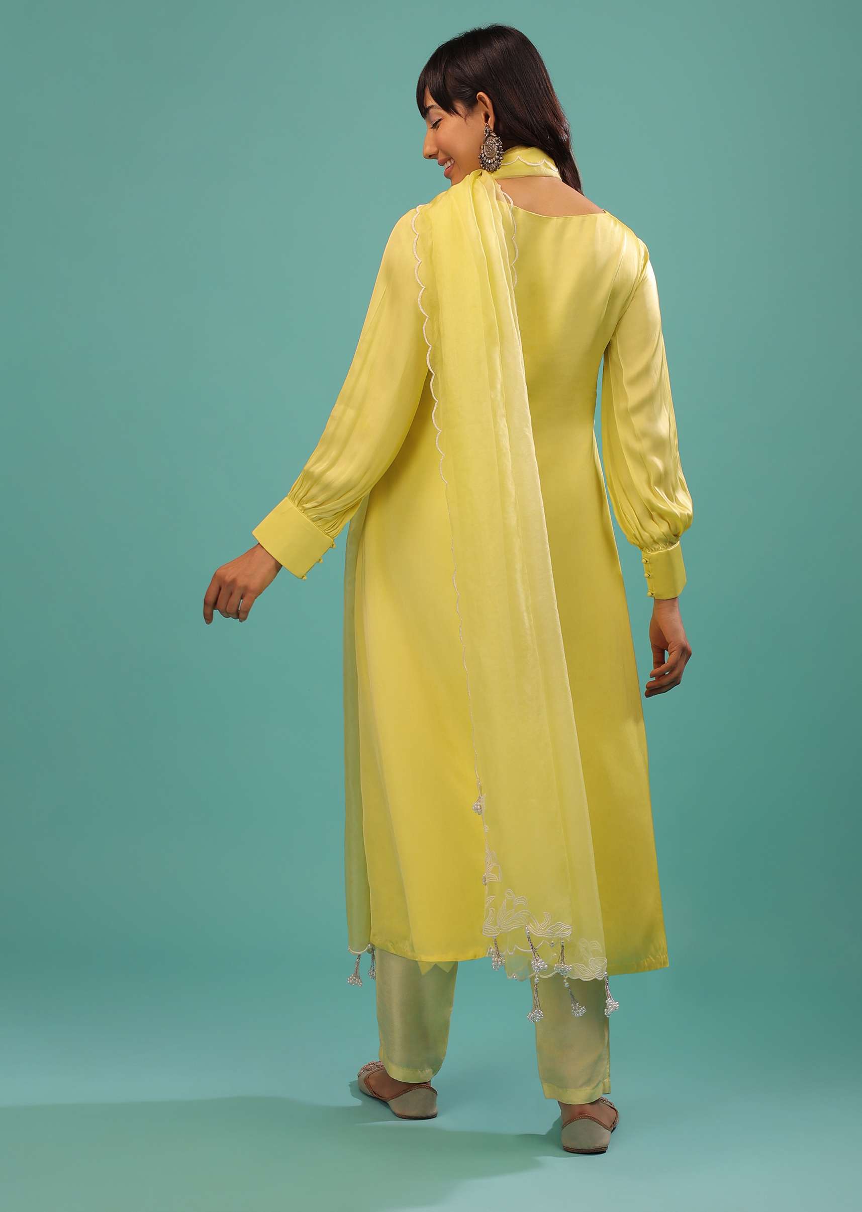 Lime Yellow Bemberg Silk A Line Suit In Organza - Image 5