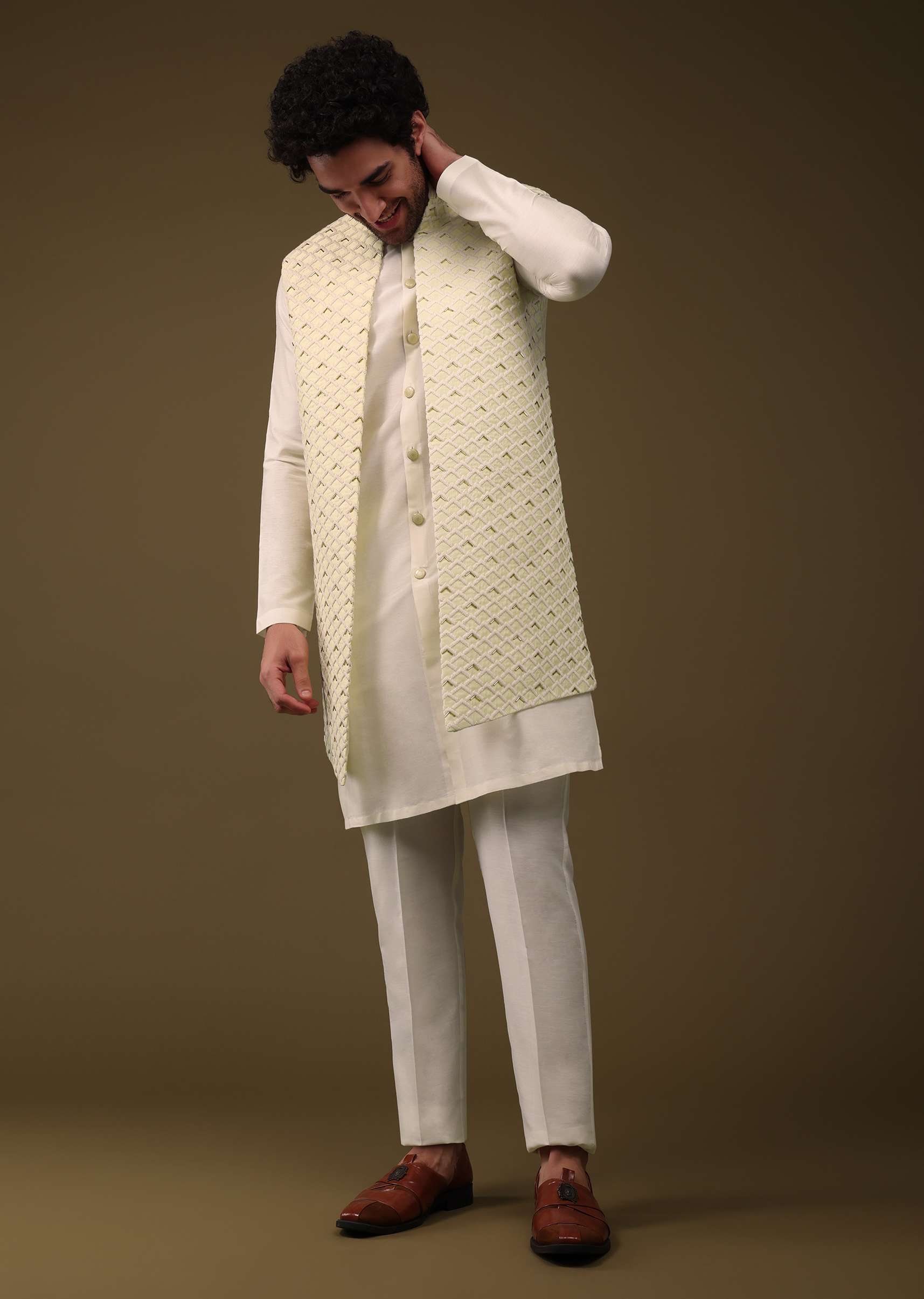 Lime Yellow Festive Textured Jacket Kurta Set With Cut Dana And Thread Embroidery In Viscose