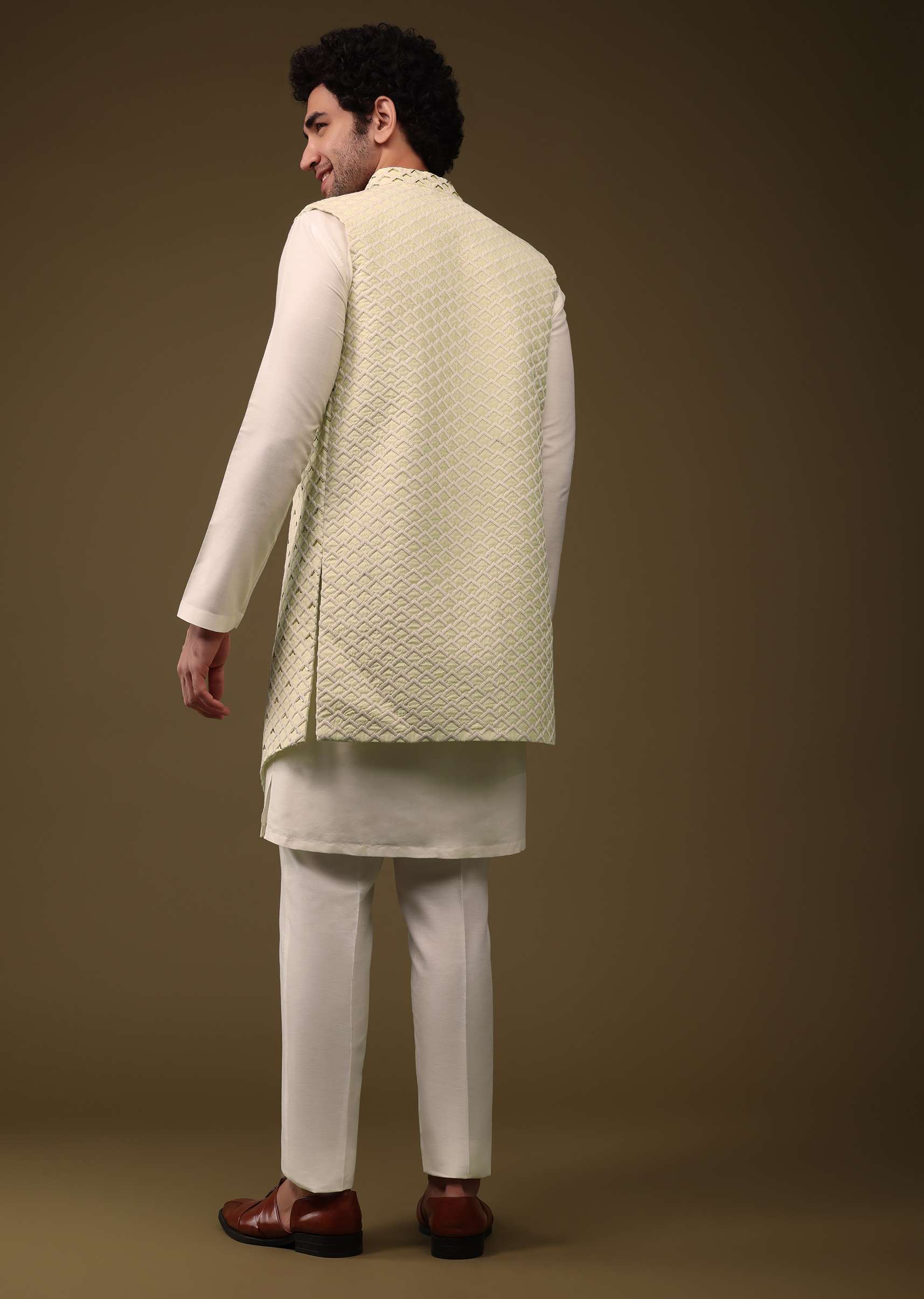 Lime Yellow Festive Textured Jacket Kurta Set With Cut Dana And Thread Embroidery In Viscose - Image 5