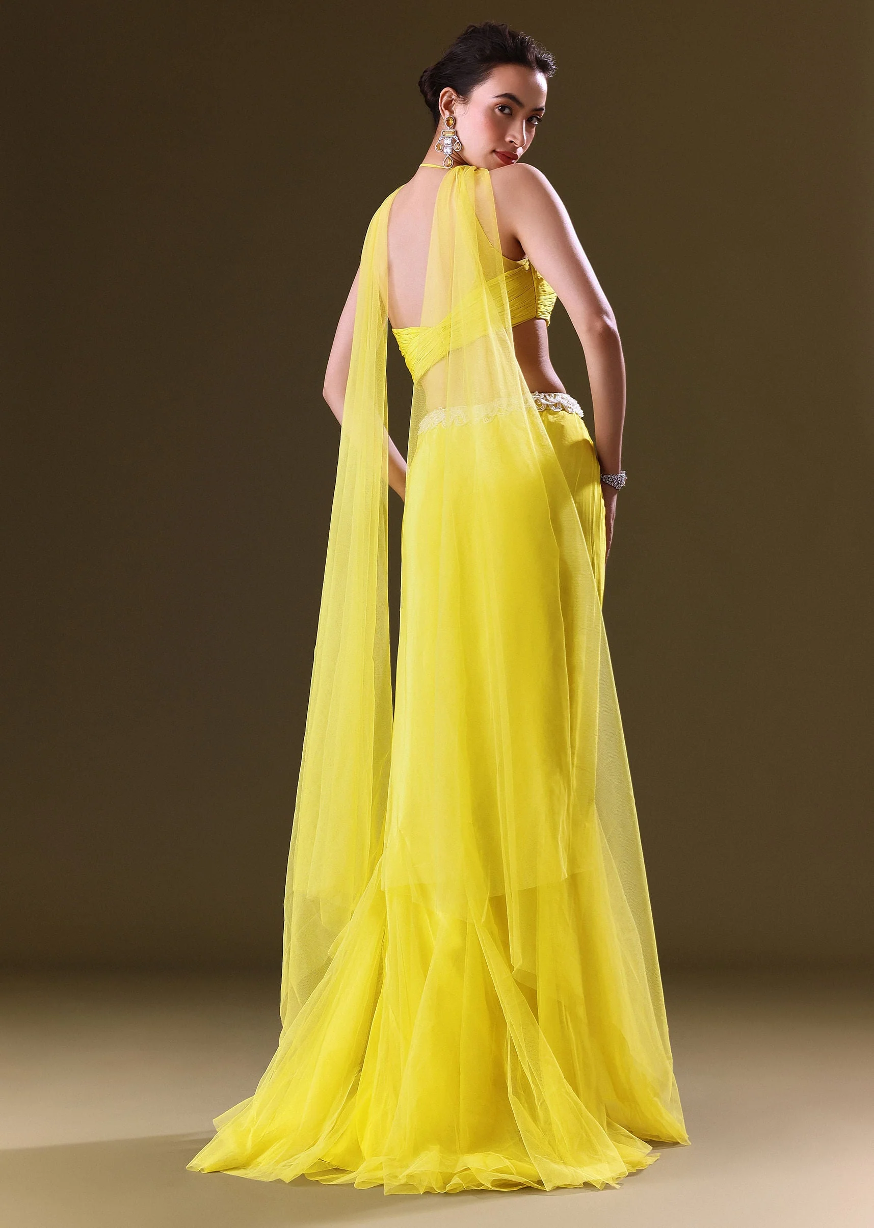 Lime Yellow Fishcut Skirt With One Shoulder Blouse And Tasseled Belt - Image 5