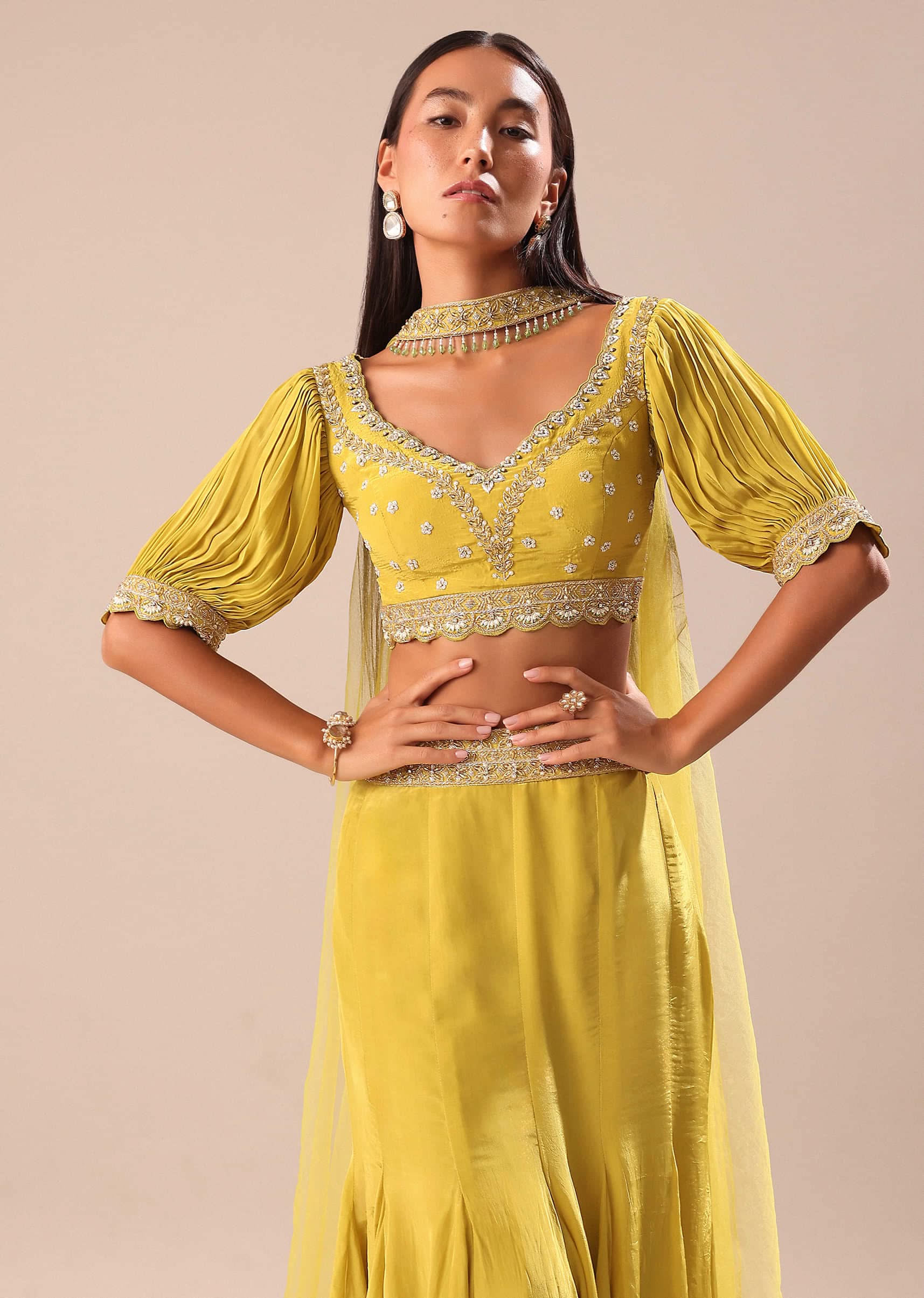 Lime Yellow Hand Embroidered Skirt And Blouse Set - Image 4