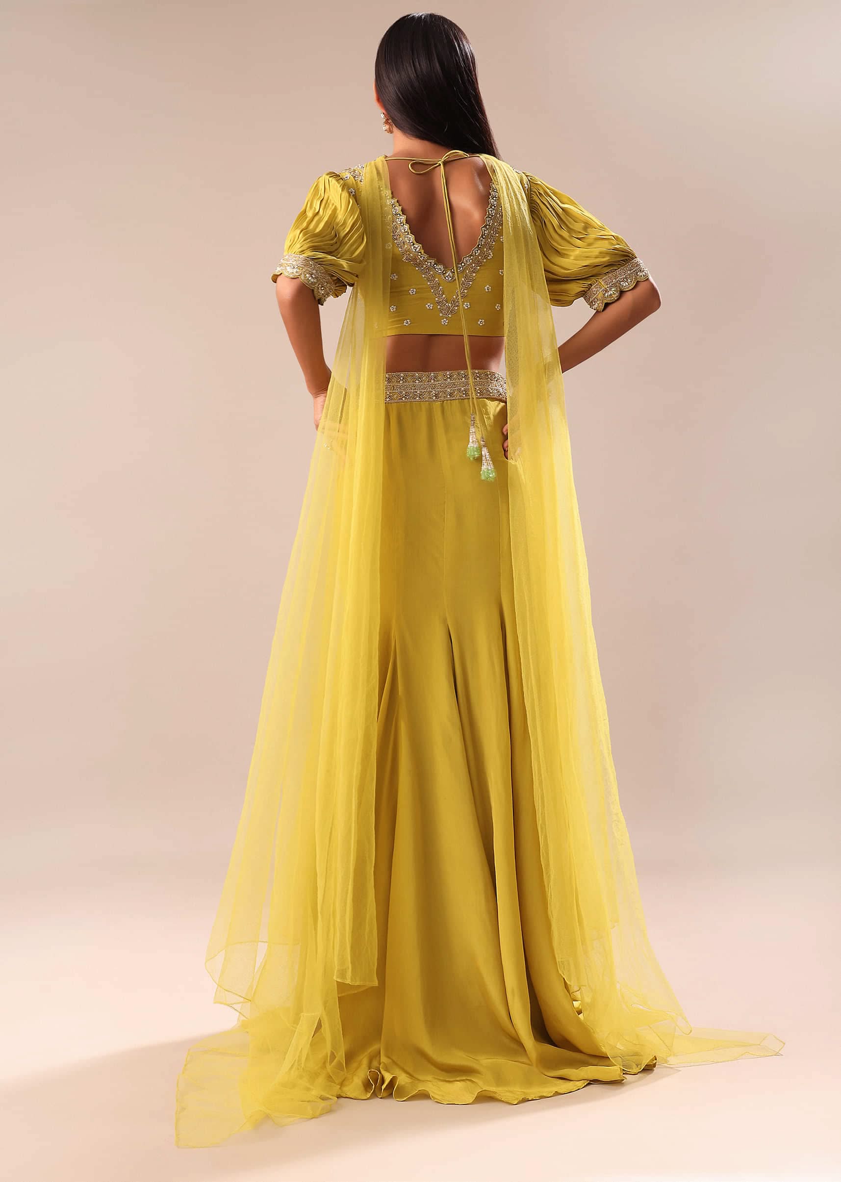Lime Yellow Hand Embroidered Skirt And Blouse Set - Image 5