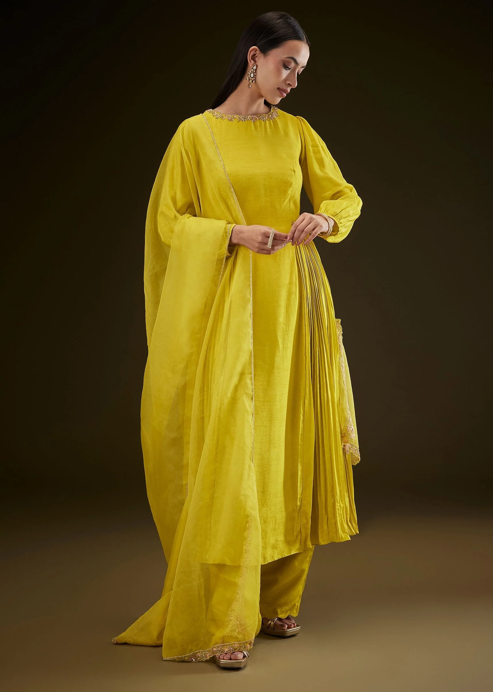 Lime Yellow Kurta With Ruching And Handwork - Image 3