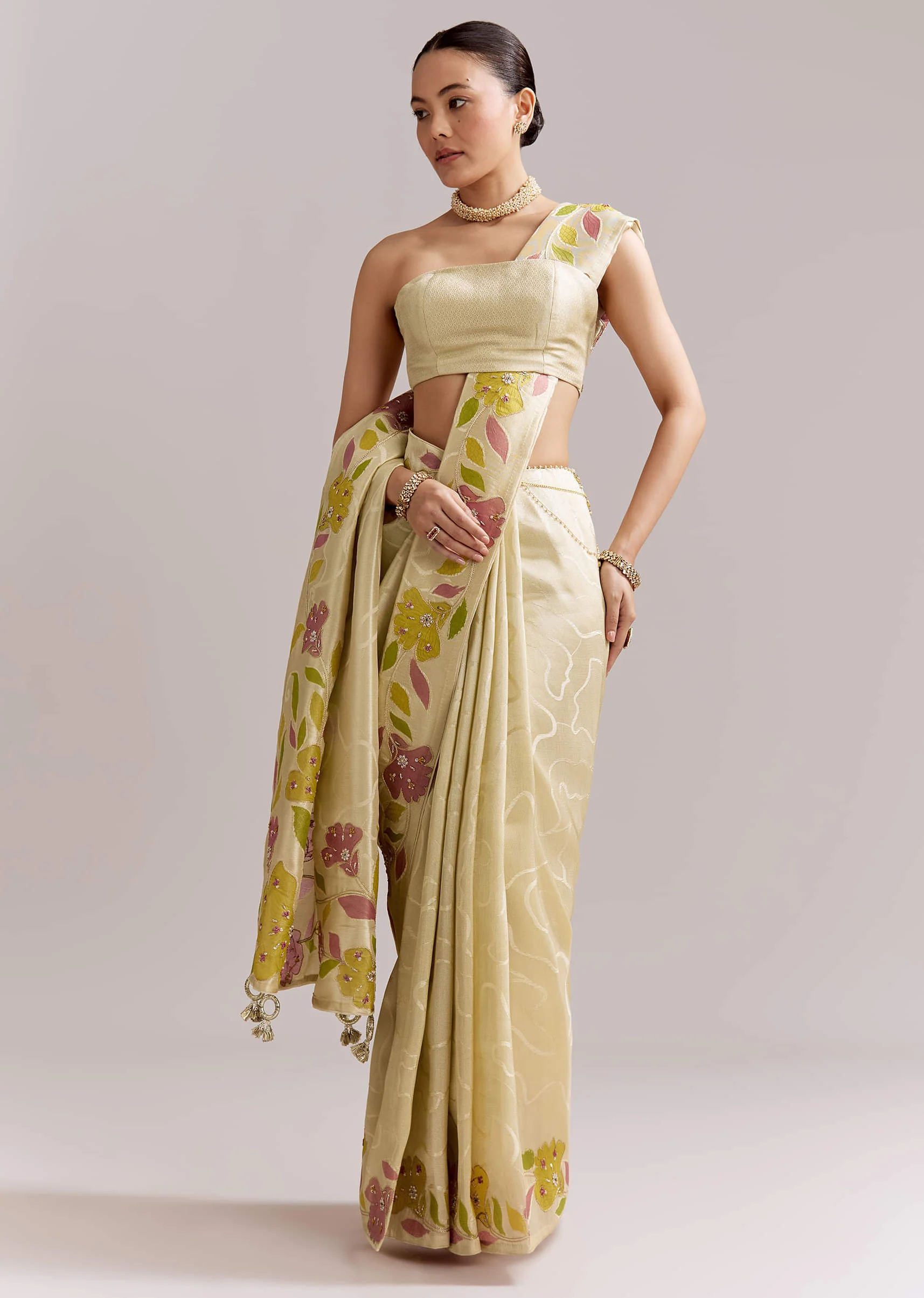 Lime Yellow Satin Saree With Digital Florals And Hand Embroidery - Image 10