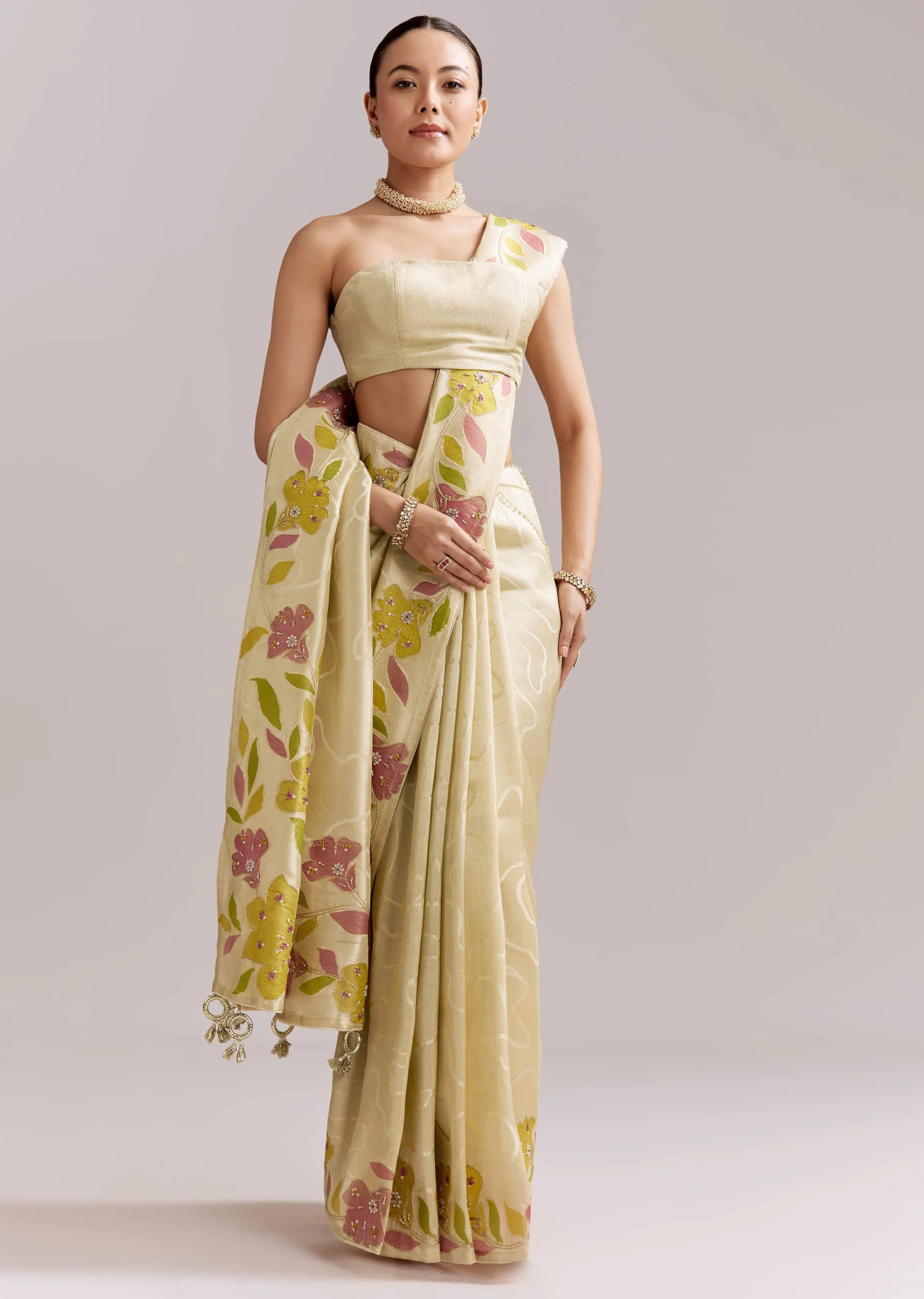 Lime Yellow Satin Saree With Digital Florals And Hand Embroidery - Image 3