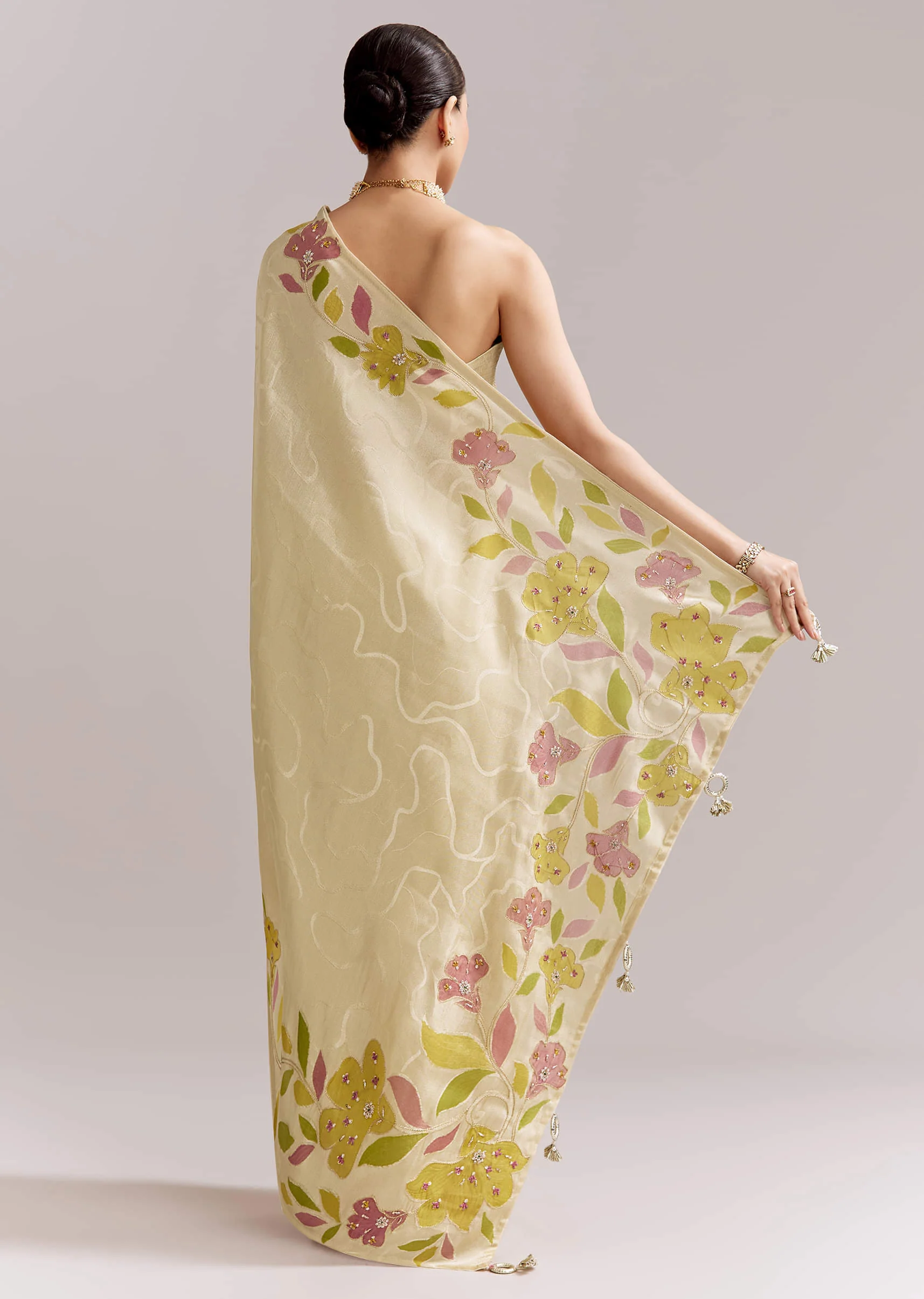 Lime Yellow Satin Saree With Digital Florals And Hand Embroidery - Image 4
