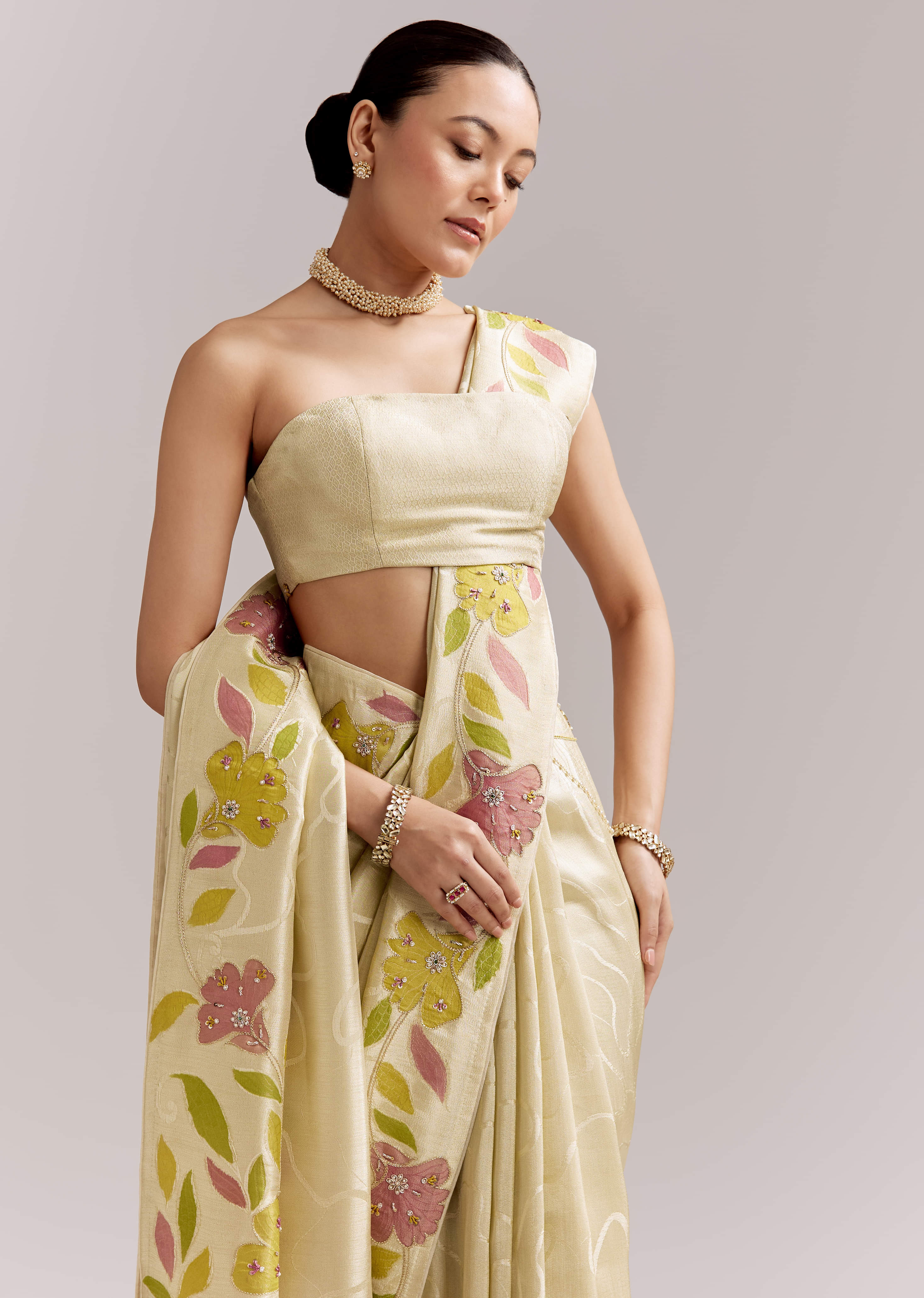 Lime Yellow Satin Saree With Digital Florals And Hand Embroidery - Image 5
