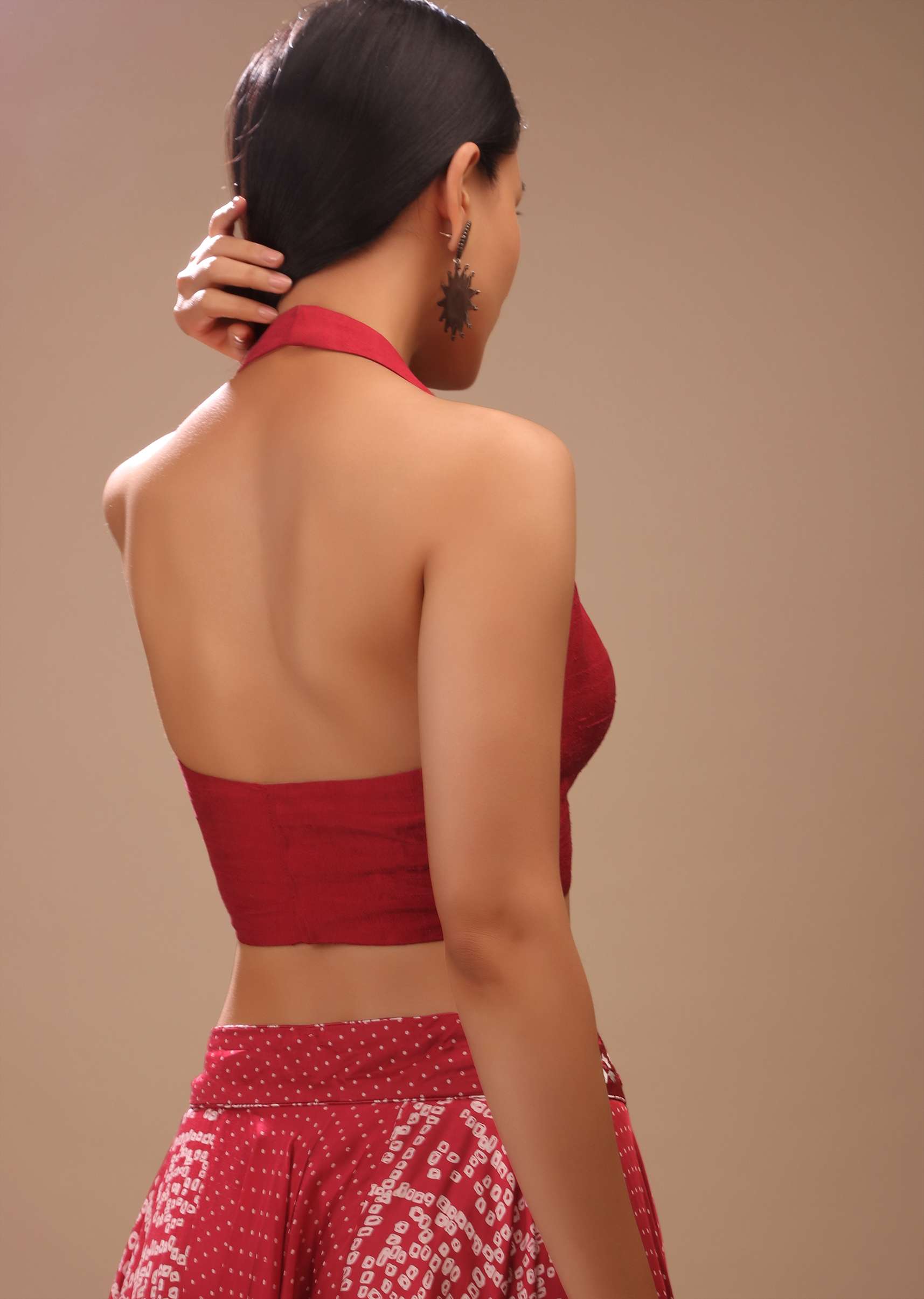 Lipstick Red Backless Blouse In Raw Silk With Halter Neckline And Plunging Neckline - Image 2