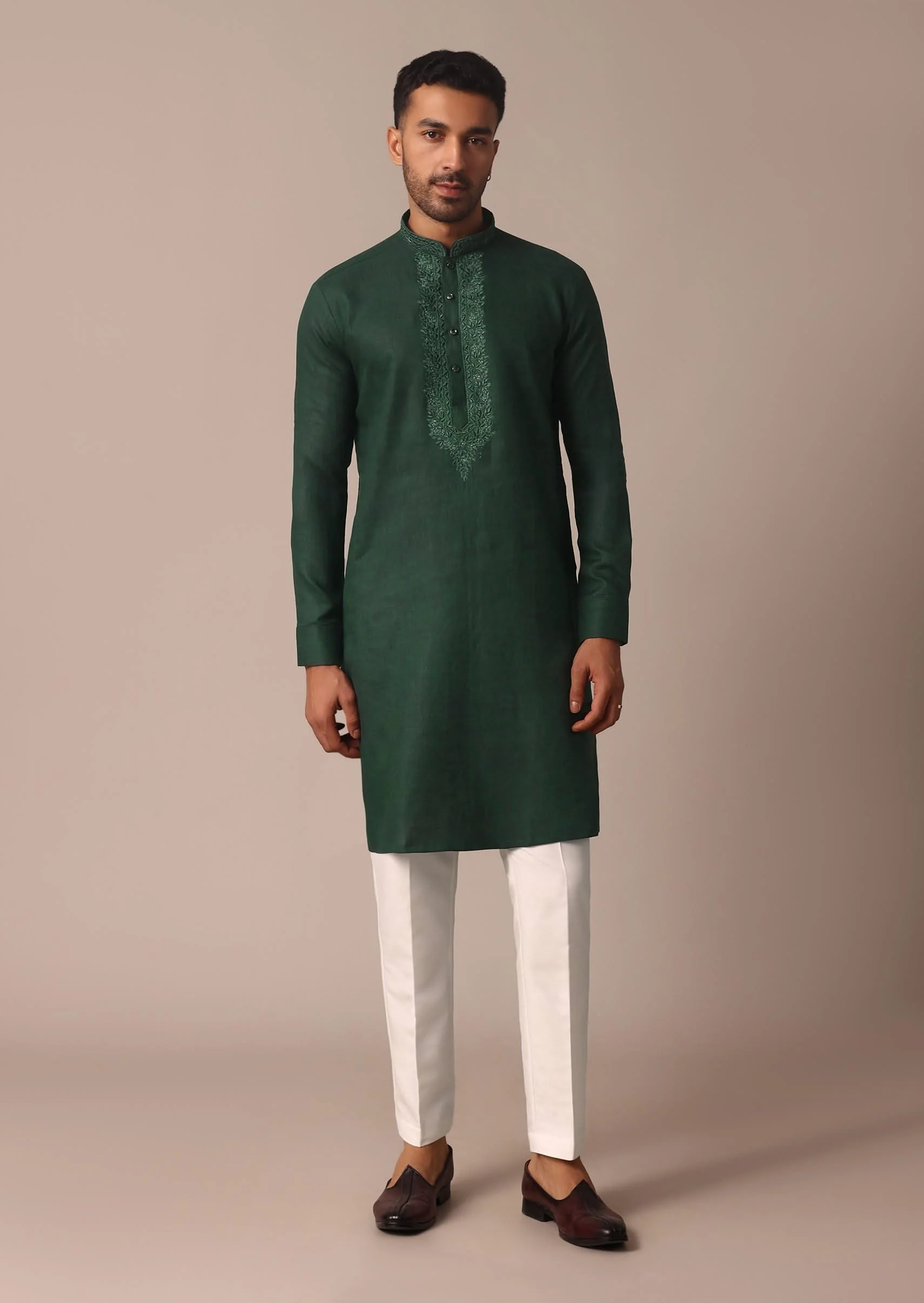 Lush Green Linen Kurta With Intricate Yoke Work - Image 4