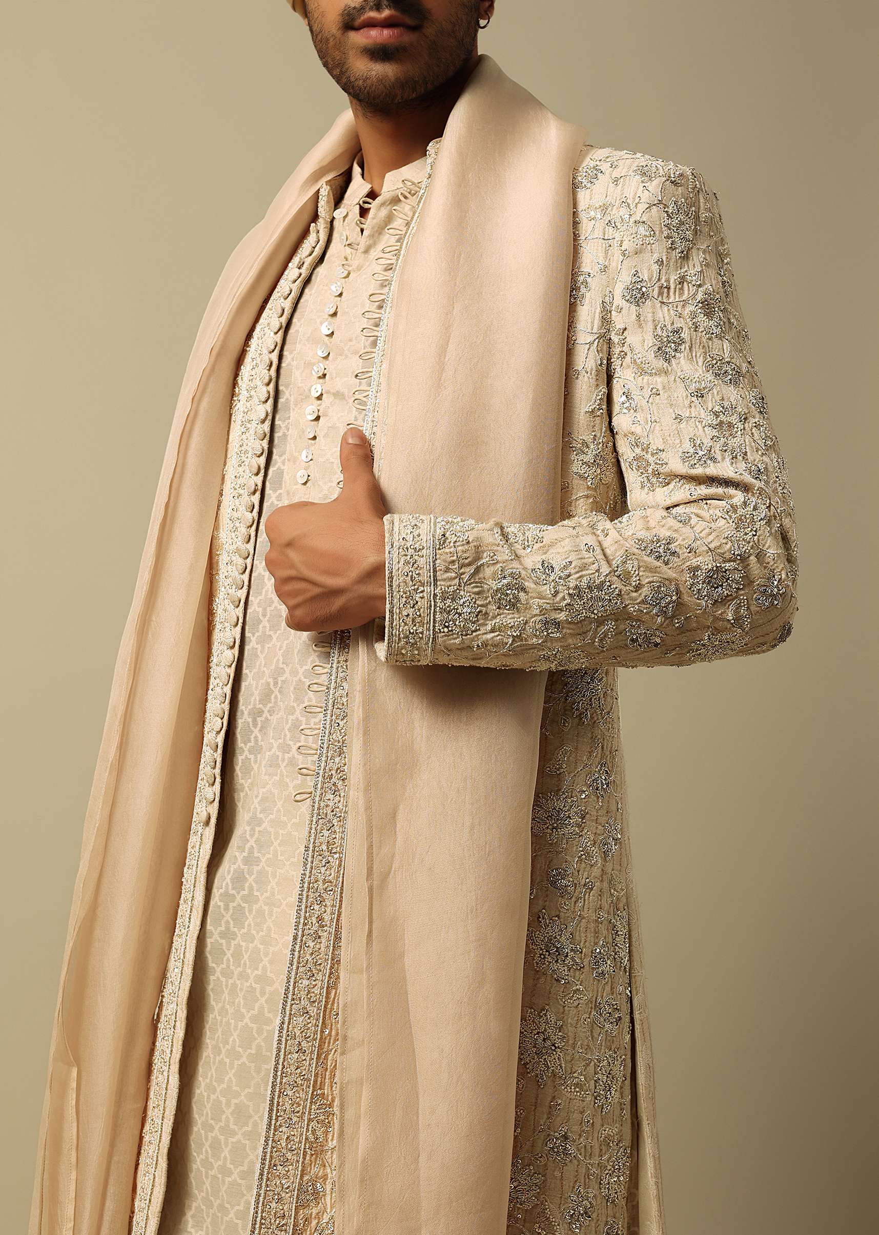 Luxurious Beige Silk Sherwani - Image 2