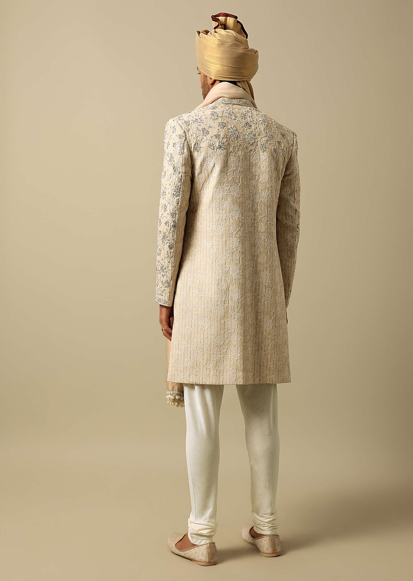 Luxurious Beige Silk Sherwani - Image 5