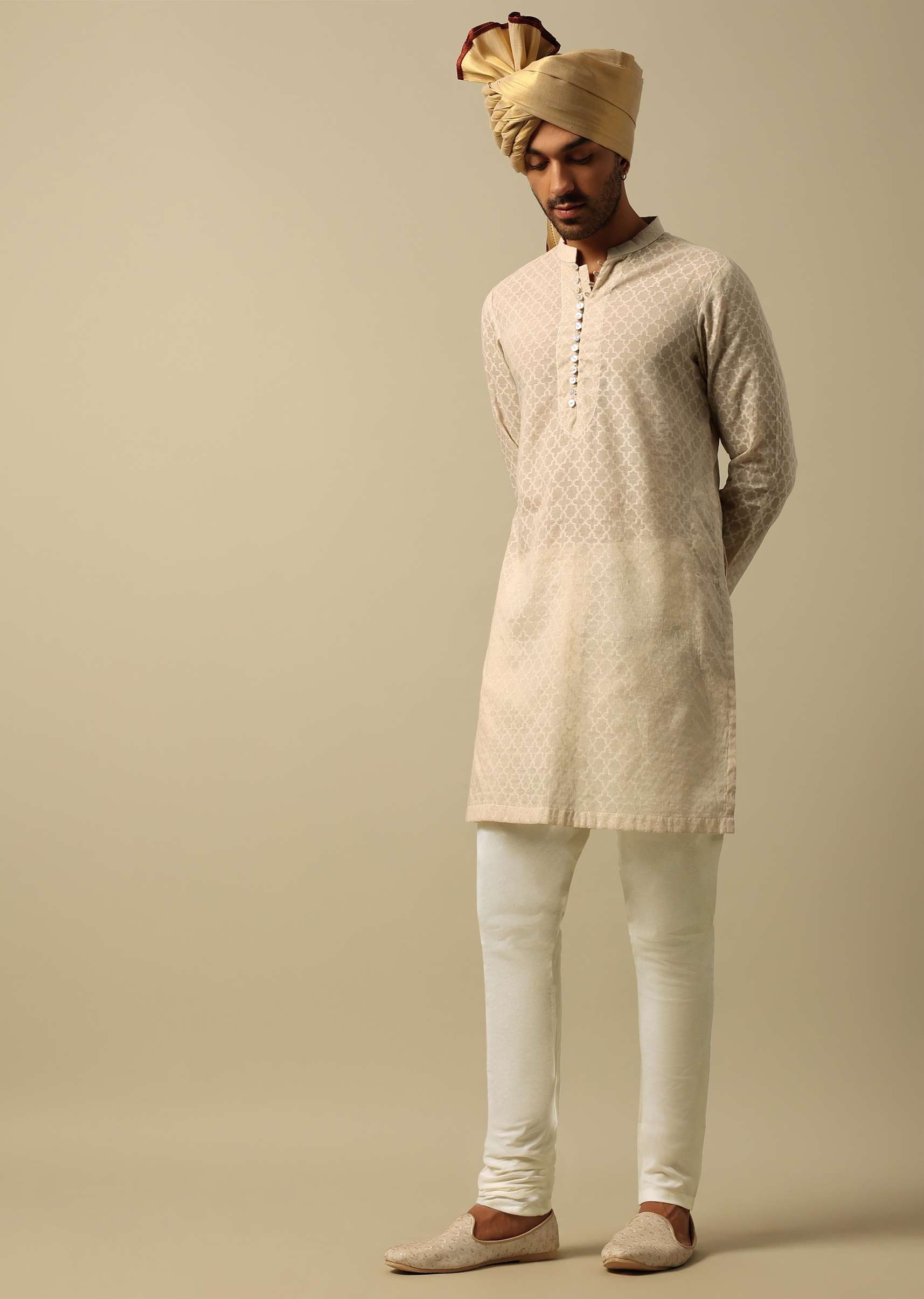 Luxurious Beige Silk Sherwani - Image 6