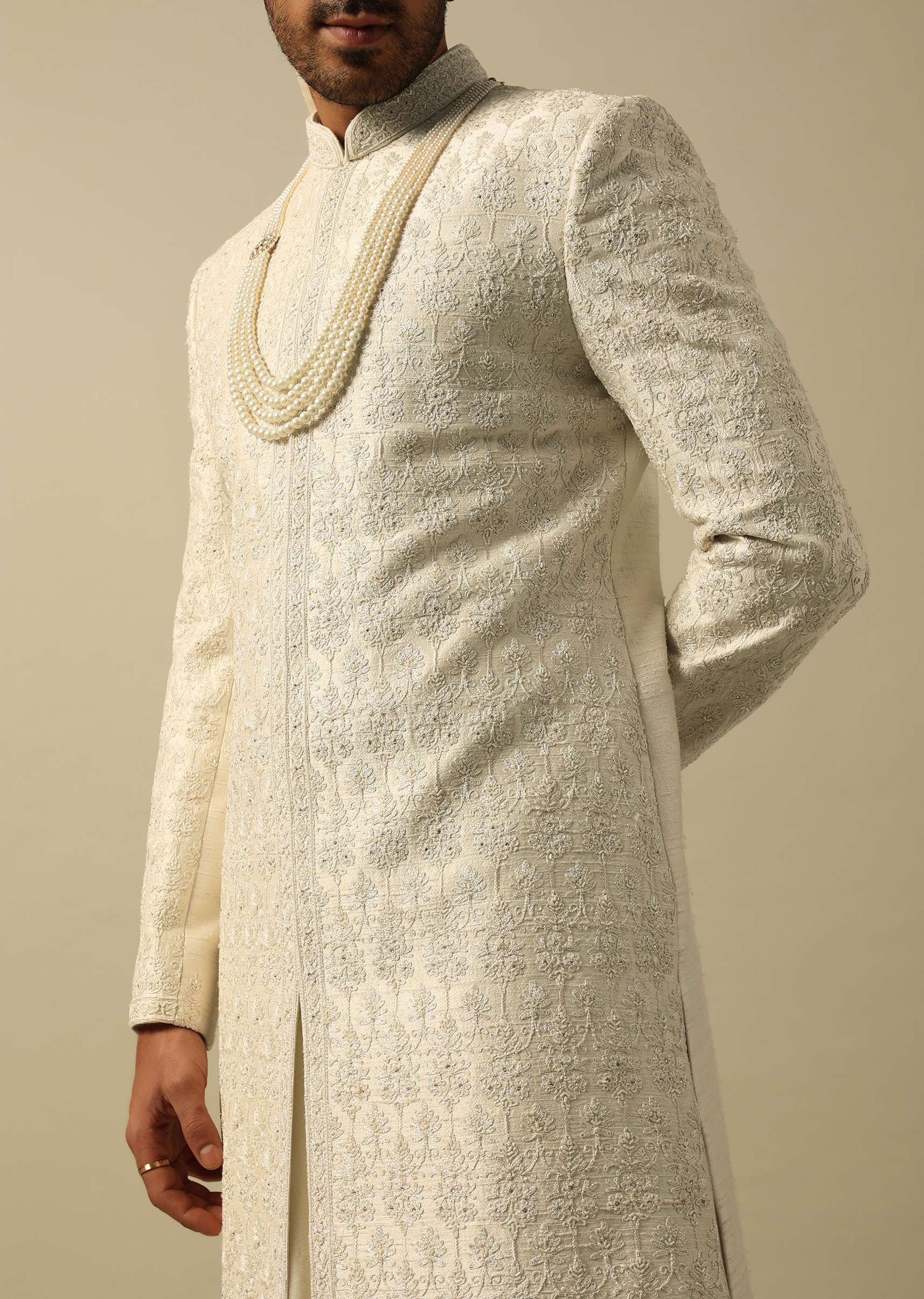 Luxurious White Raw Silk Sherwani - Image 3