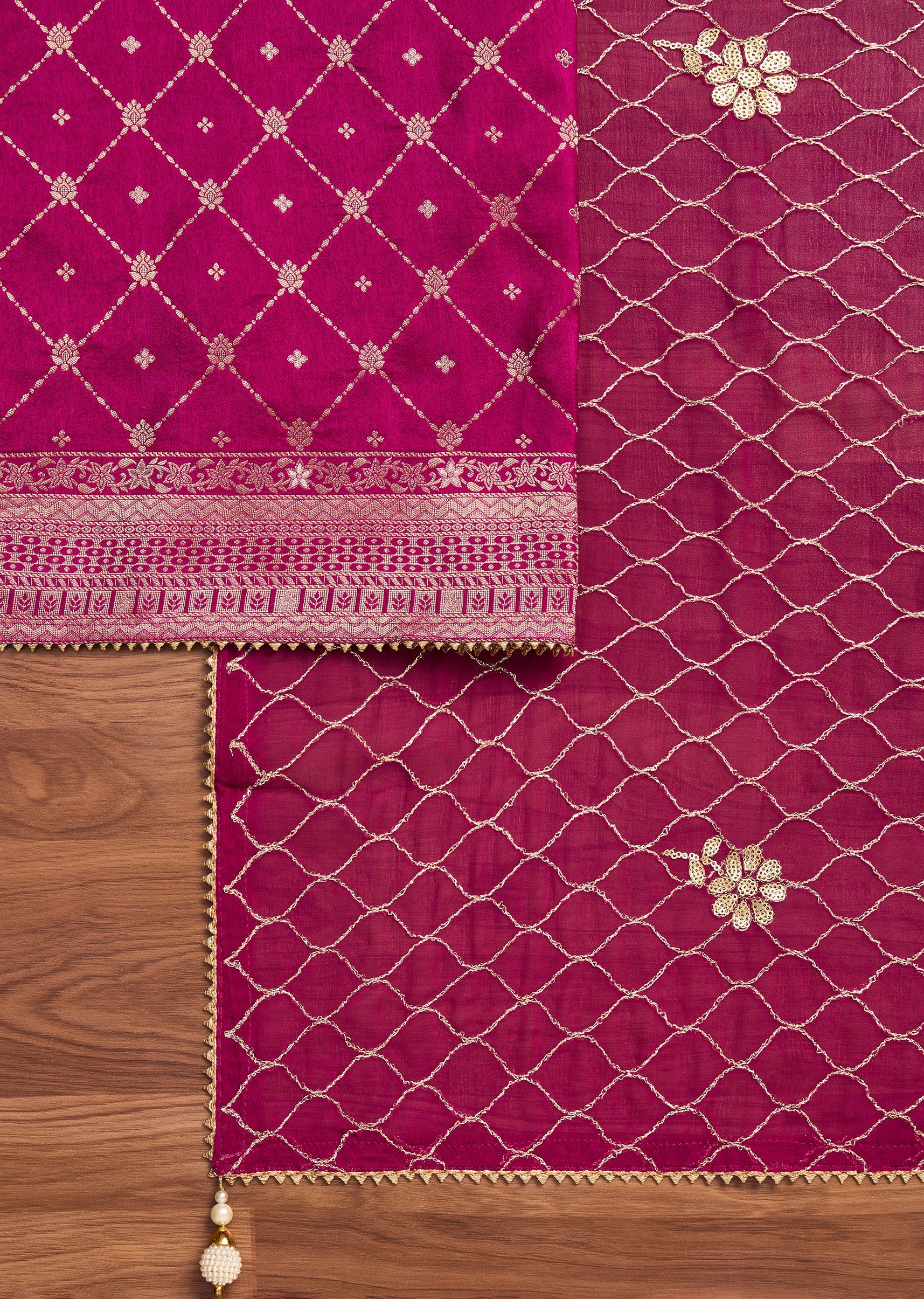 Magenta Chanderi Unstitched Suit With Dupatta - Image 3