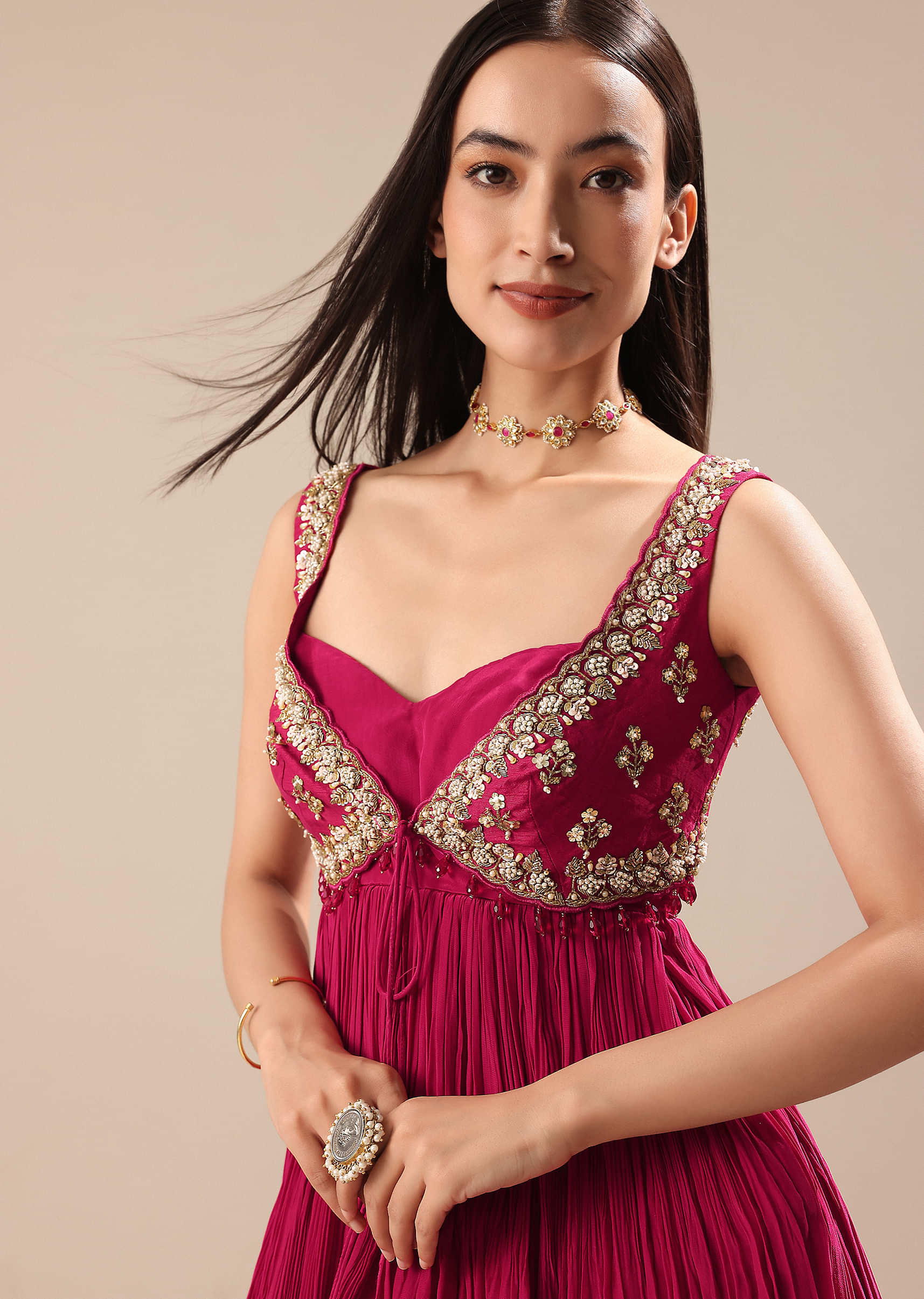 Magenta Crepe Dhoti With Embroidered Blouse And Koti - Image 2