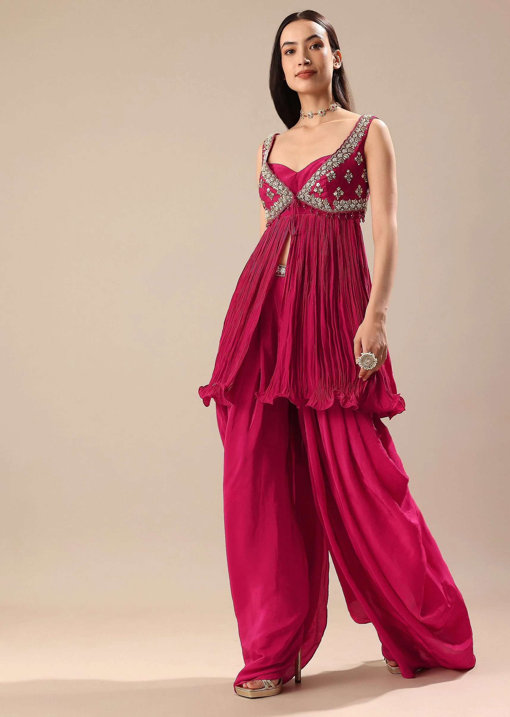 Magenta Crepe Dhoti With Embroidered Blouse And Koti - Image 3